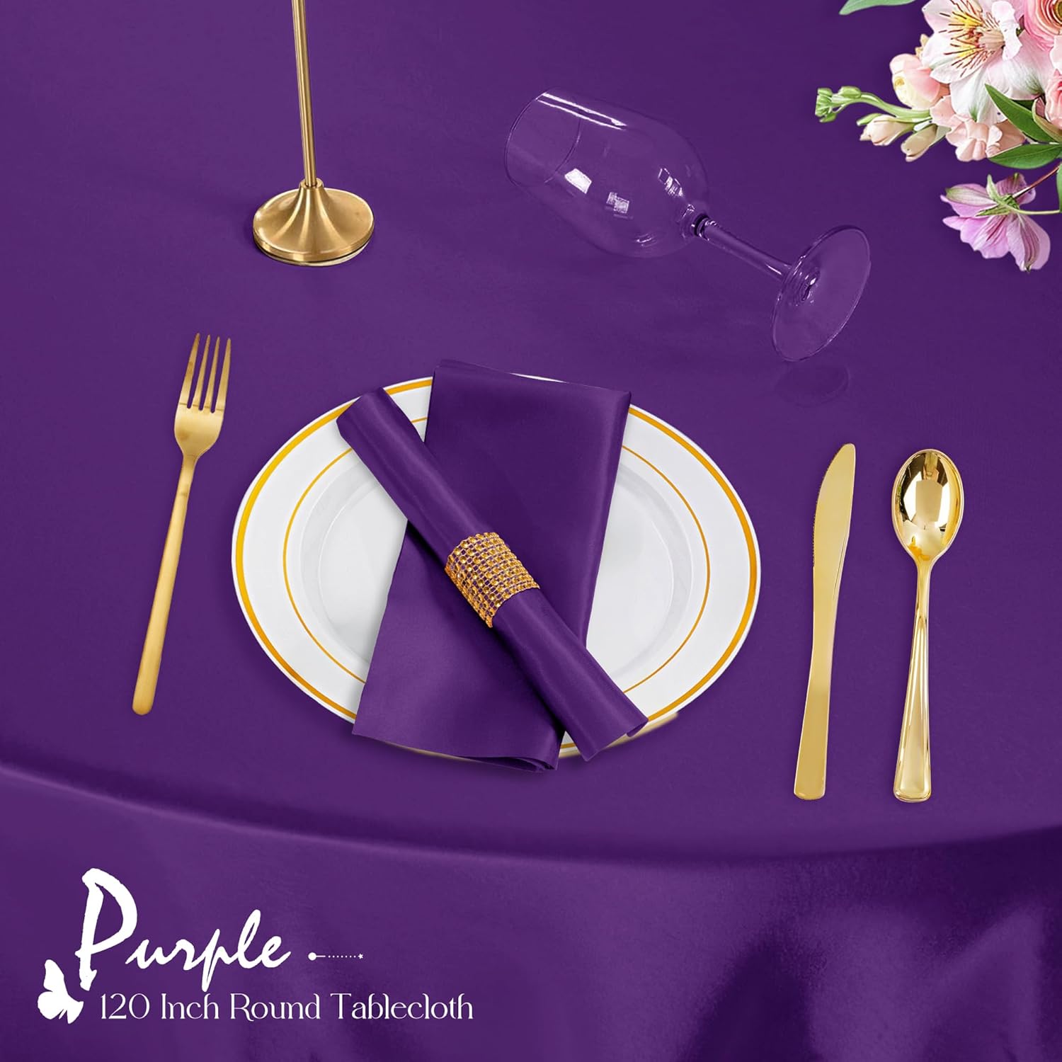 KKJIAF 4 Pack 120 Inch Round Tablecloth Satin Purple Round Table Cover, Silky Satin Dining Table Cloth for Wedding, Party, Banquet, Restaurant, Formal Events