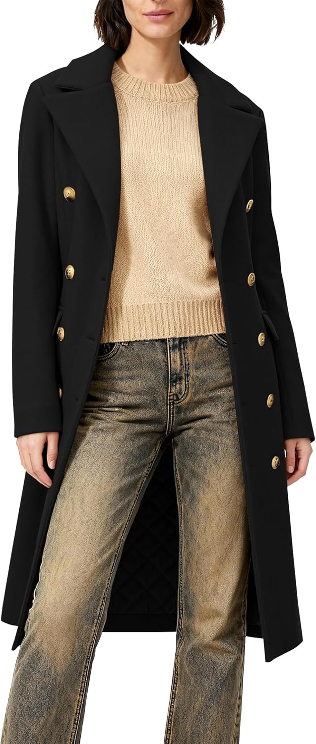 Women's Long Coat for Winter, Classic Notch Lapel Peacoat, Double-Breasted Casual Long Sleeve Fall Overcoat - Image 3