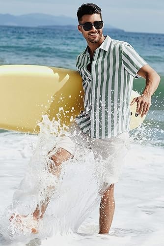 Miniatura 181 de JMIERR Camisas de vestir a rayas con botones y manga corta para hombre
