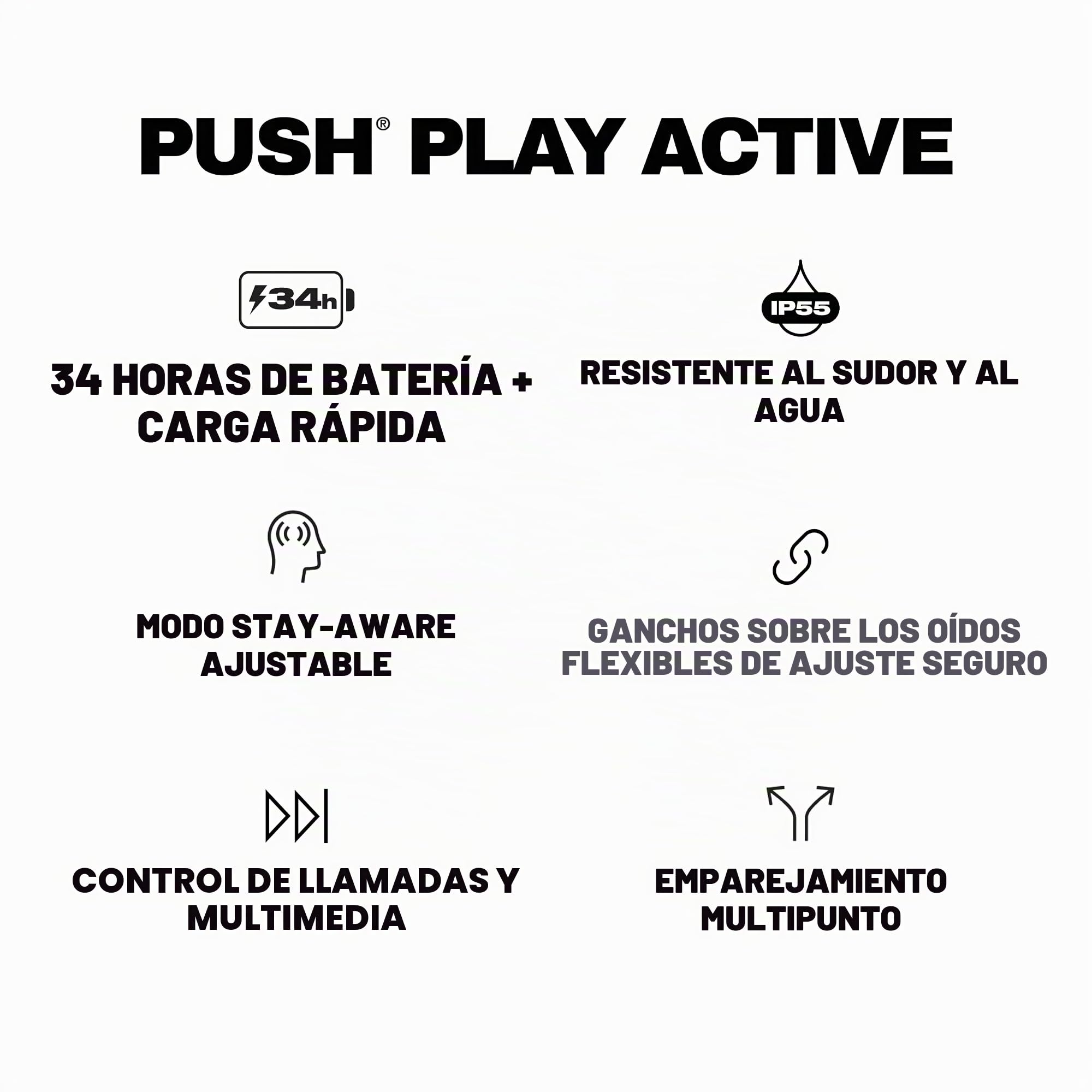 Skullcandy Push Play Active Auriculares In-Ear Inalámbricos, 34 h de Autonomía, Modo Stay-Aware, Micrófono, Compatibles con iPhone Android y Dispositivos Bluetooth. True Black/Orange