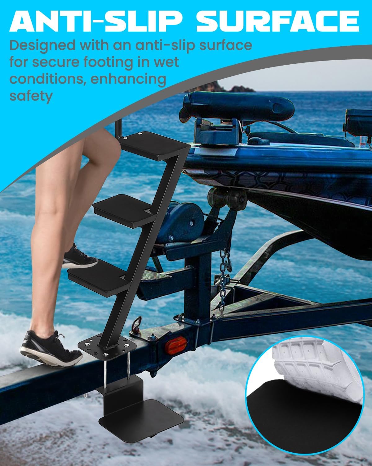 Heavy-Duty Boat Trailer Steps with Handle, 4-Step Non-Slip Surface, Universal Fit for Trailer Tongue Access, Load Capacity 400 lbs.