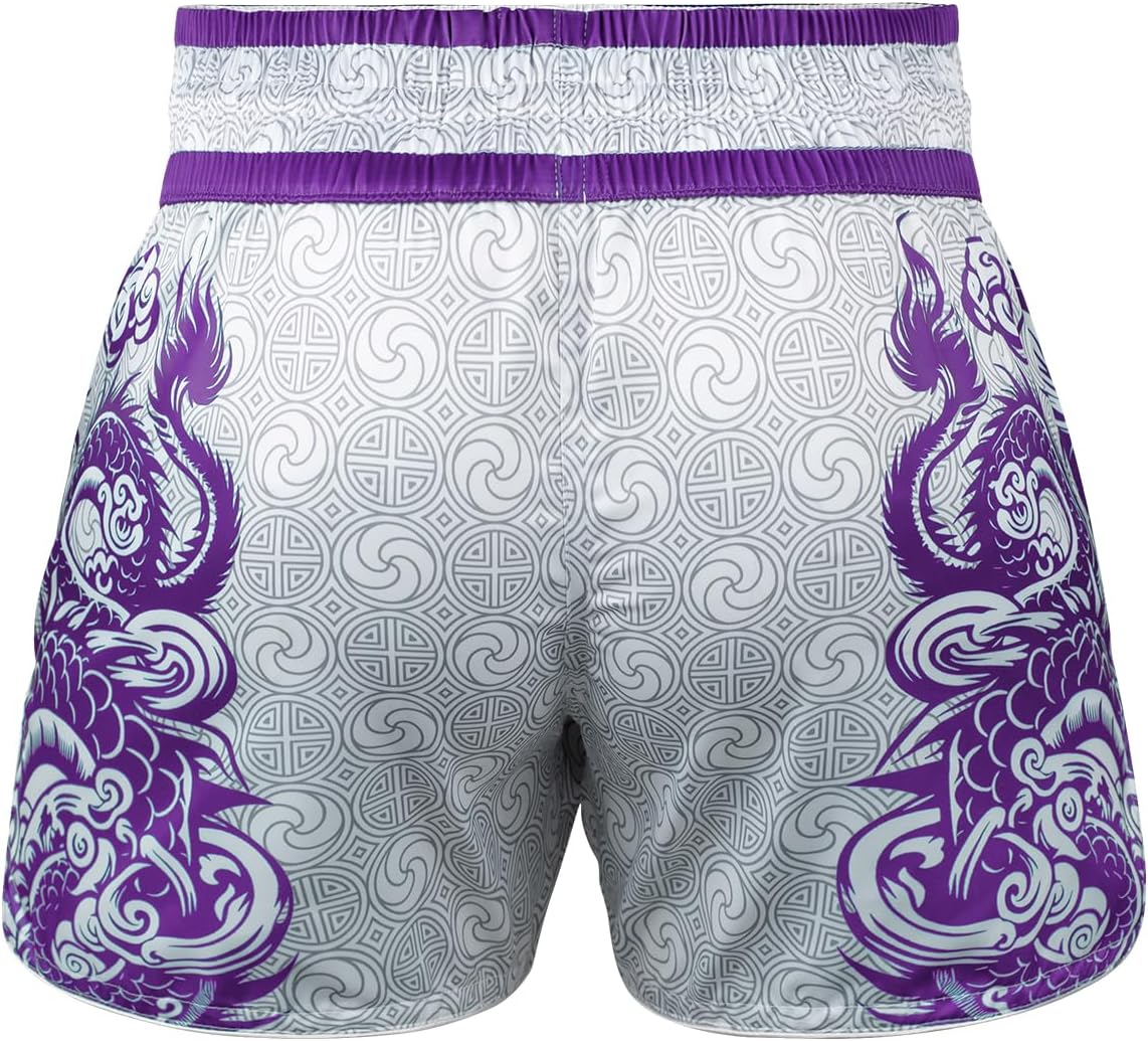 JUST YEARN Muay Thai Boxing Shorts, Traditional MMA Kickboxing Workout Trunks for Men and Women, High Mobility Training Gear