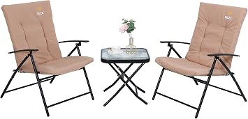 Nice C Patio Table and Chairs Set, Bistro Outdoor Table and Chairs, Bistro Set of 2, Garden Furniture Table Set, Glass Table and 2 Folding Chairs Khaki-3 Piece