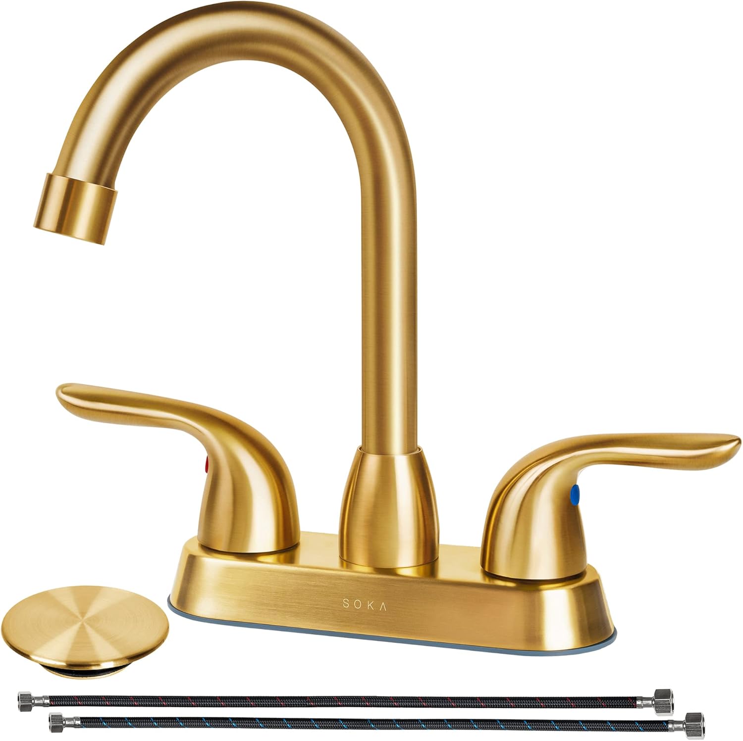 SOKA 2 Handle Bathroom Faucet Gold, 4 Inch Gold Bathroom Sink Faucet Centerset with Lift Rod