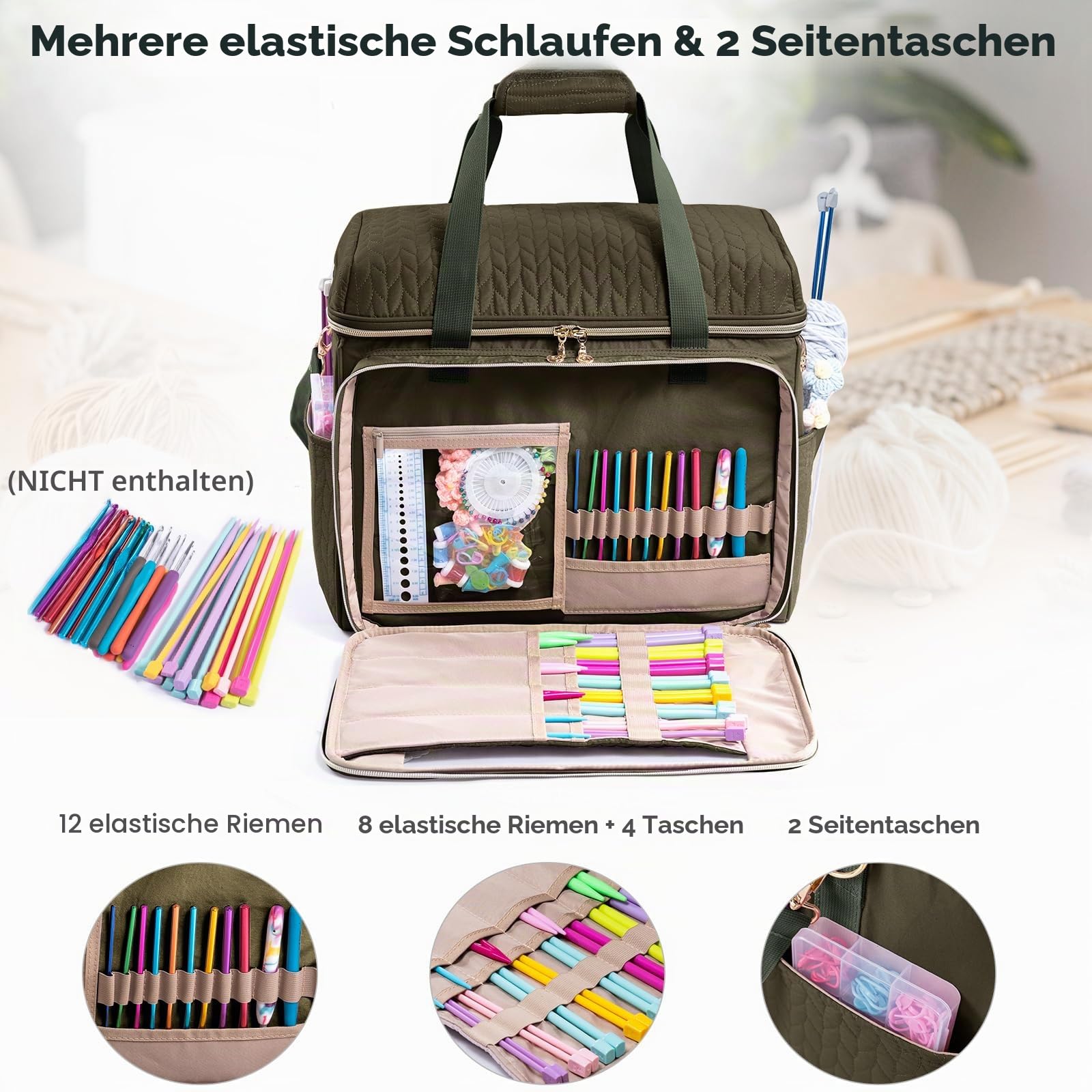 MYBAGZING Große Garn-Aufbewahrungstasche, Häkeltasche, Organizer, Garntaschen zum Häkeln, Aufbewahrungstasche mit Taschen für Häkelnadeln, Häkelzubehör, Stricktaschen, Geschenke für Häkeln