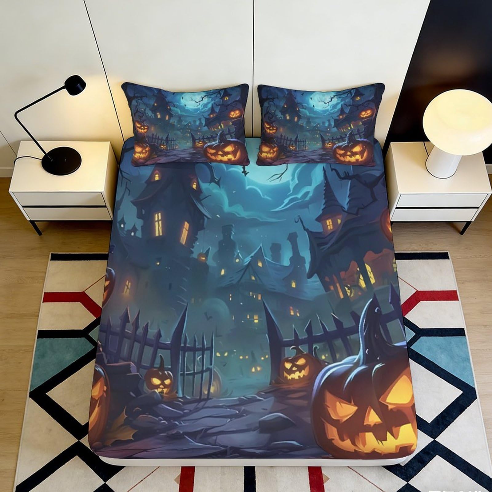 3D Printed Halloween Pumpkin Fitted Sheet Microfiber Haunted House Mattress Cover for Bedroom Dorm Decor 90x200x25cm
