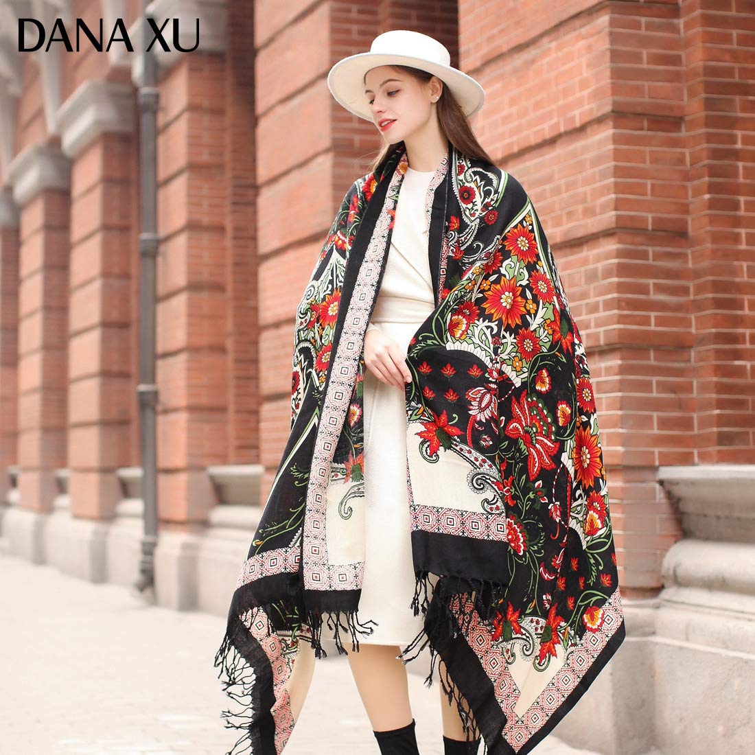 DANA XU - Sciarpa pashmina in 100% lana merino, da donna, 244 x 109 cm, oversize, in cashmere, con nappe, mantella da viaggio con motivo floreale, 96*43 INCHES