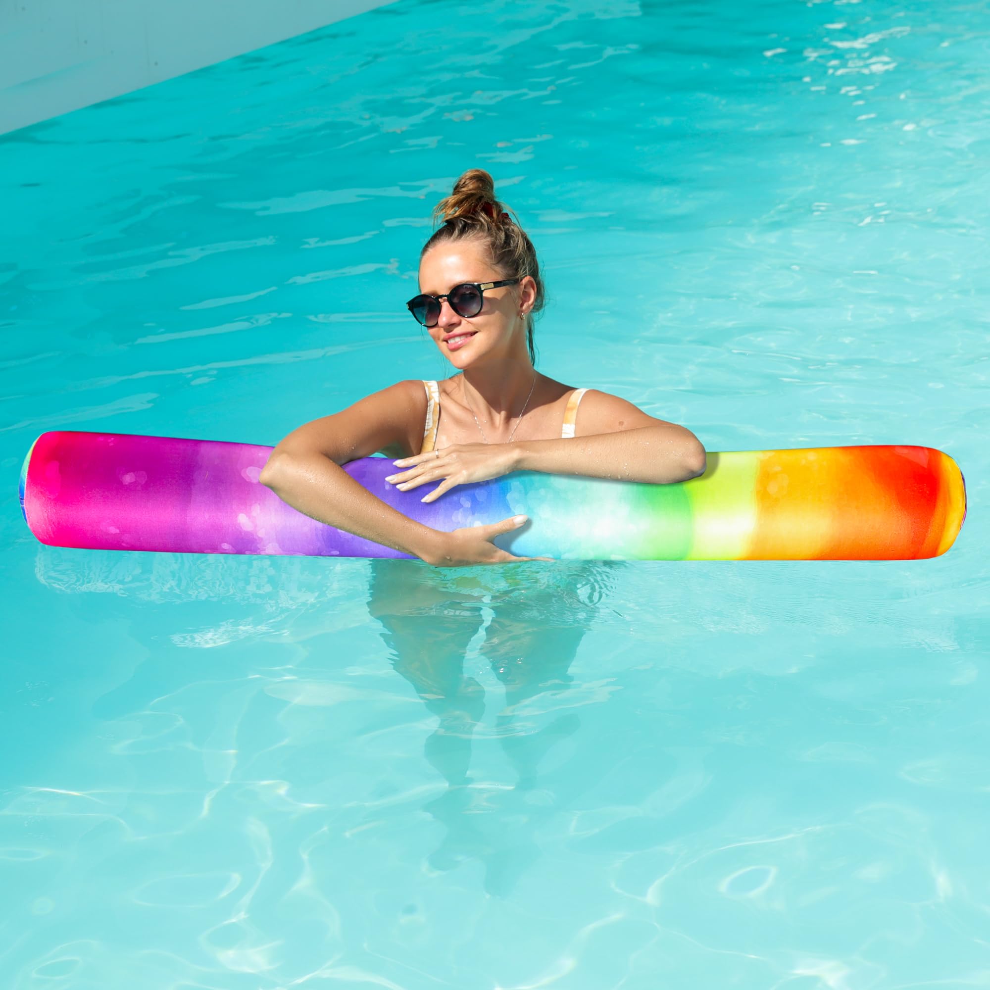 FindUWill Inflatable Swim Pool Noodles, 2 Pack Soft Fabric Covered Large Swim Noodles for Floating, Pool Floats Adult for Pool, Lake, Beach (Rainbow & Colorful)