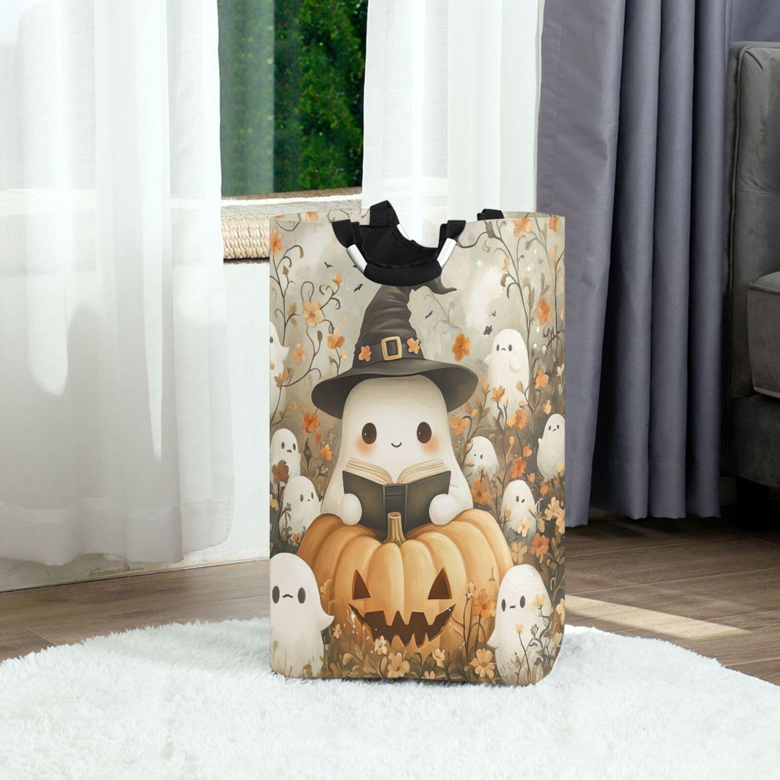 Jihqo Laundry Hamper Basket Halloween Pumpkin Ghost Collapsible Nursery Storage Bin Waterproof Clothing Baskets for Home Bedroom Bathroom Washing Room