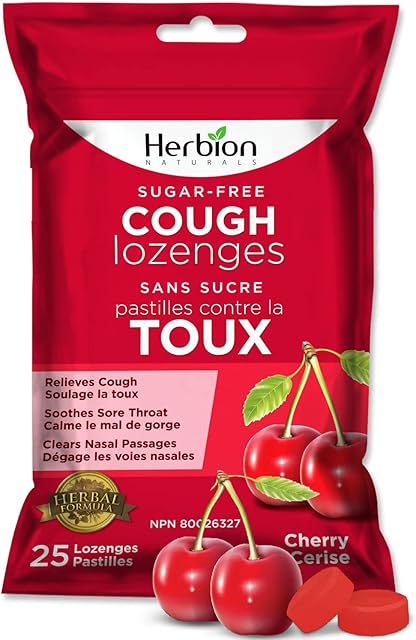 Herbion Naturals Sugar-Free Cough Lozenges with Natural Cherry Flavour, 25 Lozenges - Relieves Cough, Soothes Sore Throat, for Adults and Children 12 Years and Above.