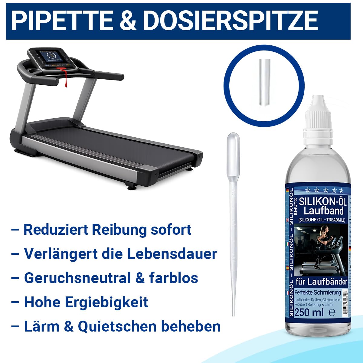 BMUT Olio di silicone puro da 250 ml al 100% per tapis roulant – olio premium con punta dosatrice di precisione & pipetta lunga – universale per tapis roulant, attrezzature per il fitness, spinning