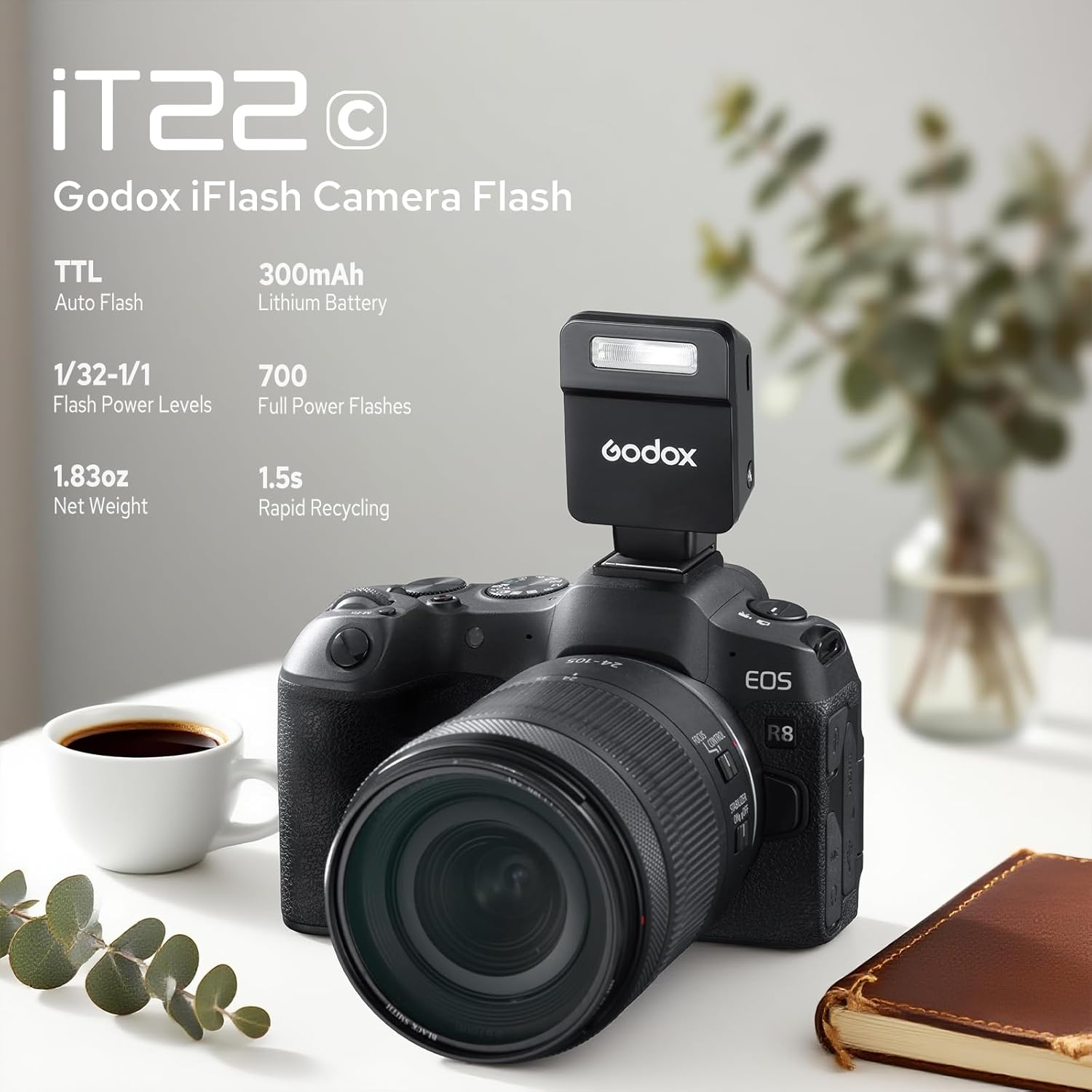 Godox iT22 iT22-C Flash for Canon, Mini TTL Flash with Intuitive Screen, 1.5s Recycle, 700 Full Power Flashes, USB-C Charge, Built-in Battery, GODOX iT22C iT22 C Pocket Flash Speedlight (Black)