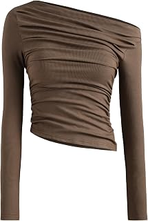 Women's Asymmetrical Top Off The Shoulder Long Sleeve Shirts Ruched Going Out Crop Tops