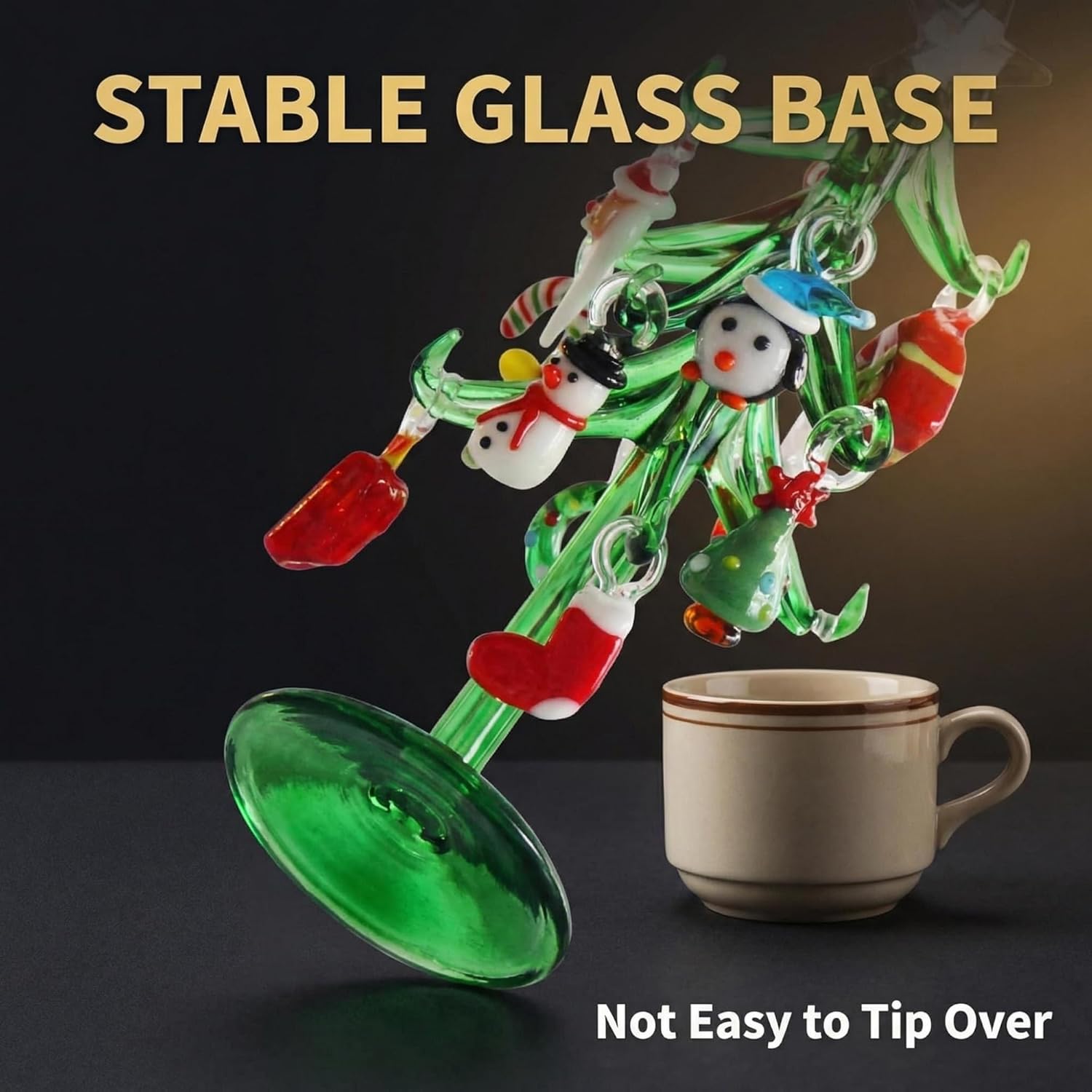 5.91" Green Glass Christmas Tree, Colorful Hanging Decor, Stable Base for Easy Display