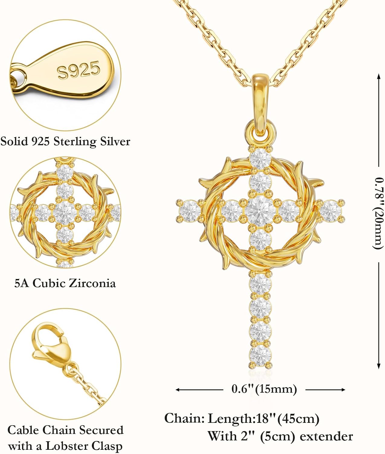 Gold Cross Necklace for Women 925 Sterling Silver Crown of Thorns Cross Necklace with 5A Cubic Zirconia, Religious Christian Jewelry Christmas Gifts for Her - Image 5