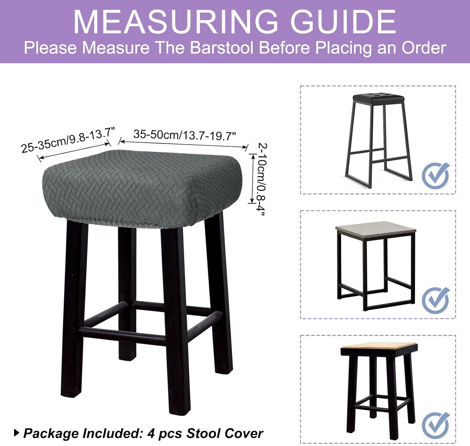 uxcell 4pcs Stool Covers Rectangle, Bar Stool Covers Saddle Seat Cover for Wooden Metal Bench Chair Dark Grey