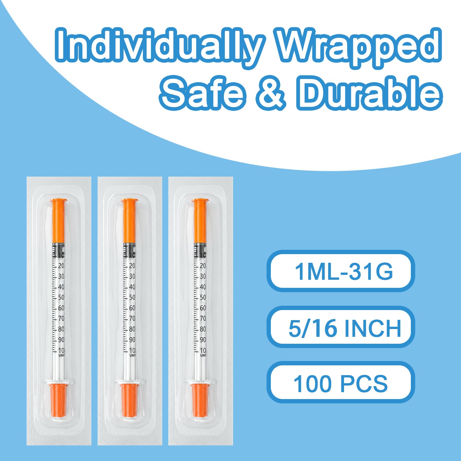 1 ml, 31 g, 5/16 pulgadas, medición de líquido de laboratorio, paquete individual desechable (100 unidades)