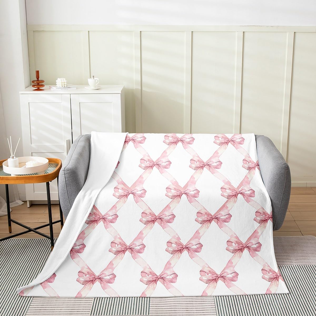 Manfei Pink Bowknot Flannel Blanket for Kids,Dreamy Princess Style Kids Girls Fleece Throw Blanket for Bedroom Sofa Dorm,Watercolor Bow Geometric Grids White Bed Blanket,Baby (30 x 40 Inches)