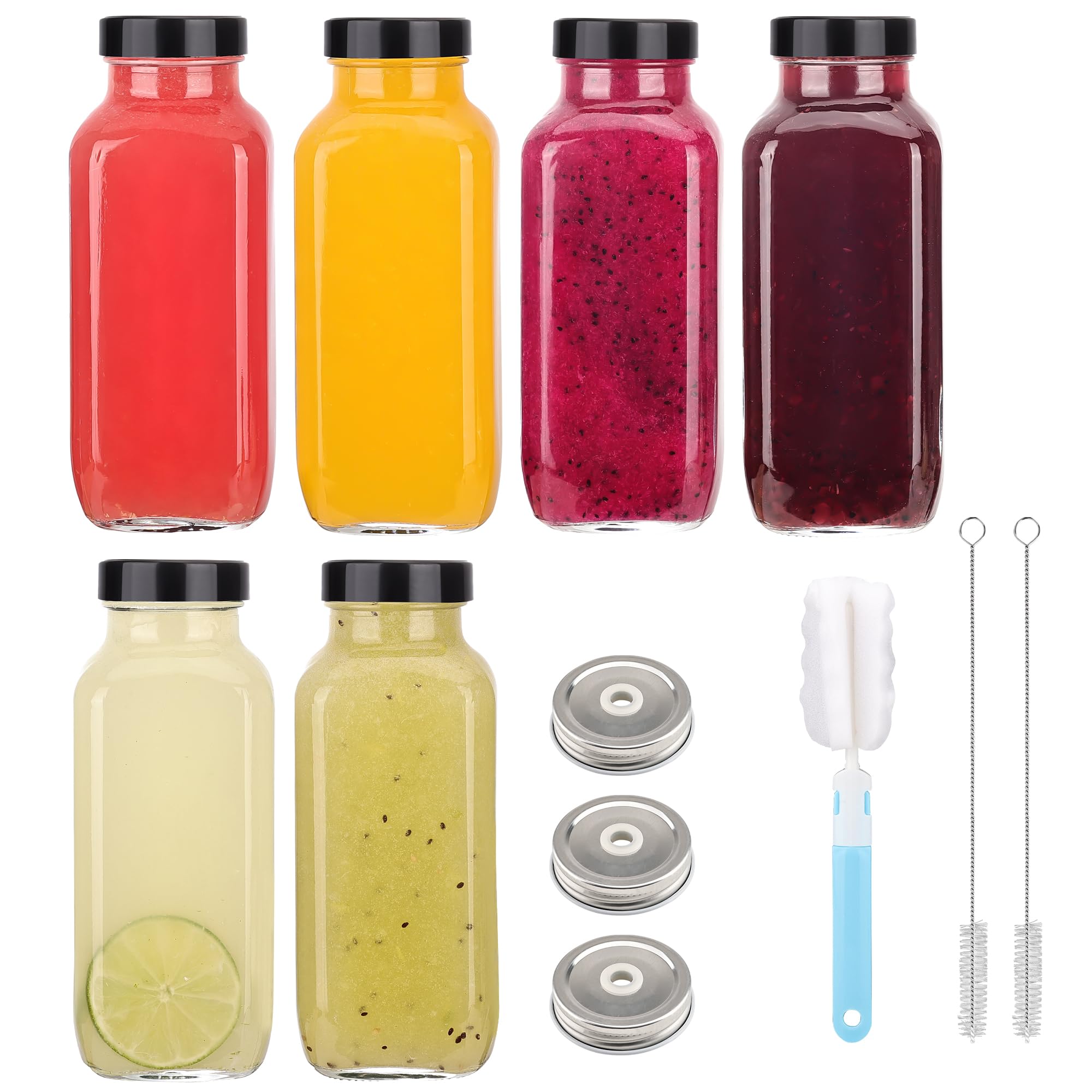 Andemi 16 oz Glass Juice Bottles with Lids, 6-Pack Reusable Juice Containers, Water Bottles, Glass Drink Jars for Juicing, Smoothies, Kombucha, Ginger, Milk