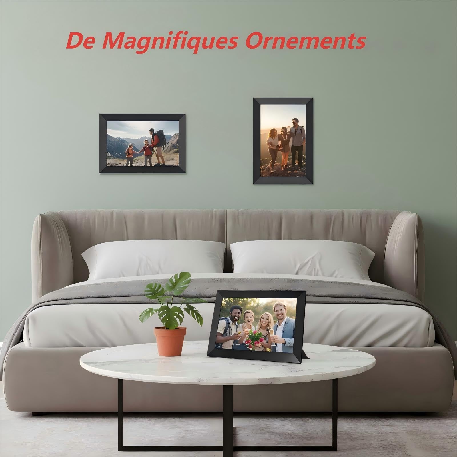 Cadre Photo Numérique WiFi - 10.1 Pouces IPS Écran Tactile Smart Cloud Connecté avec 32Go Espace, Partagez Instantanément des Clips Vidéo et Photos Via l'application Frameo,Rotation