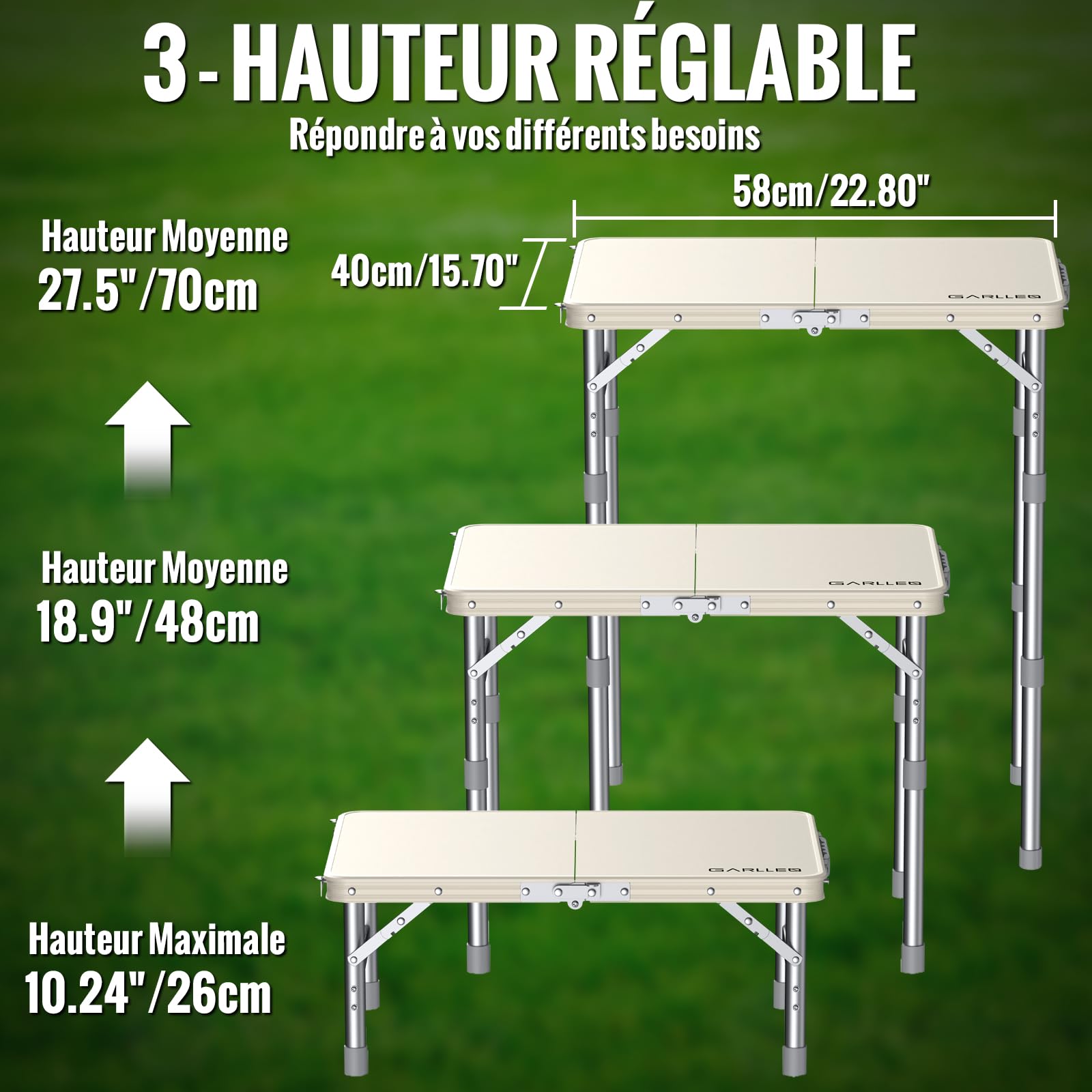 GARLLEN Table de Camping imperméable avec Plateau en Plastique Haute densité, Table de Pique-Nique Pliable Portable avec 3 hauteurs réglables, Cadre en Aluminium, Table d'extérieur pour Barbecue | Table Pliante Exterieur à 3 Hauteurs Réglables,Table de Pi