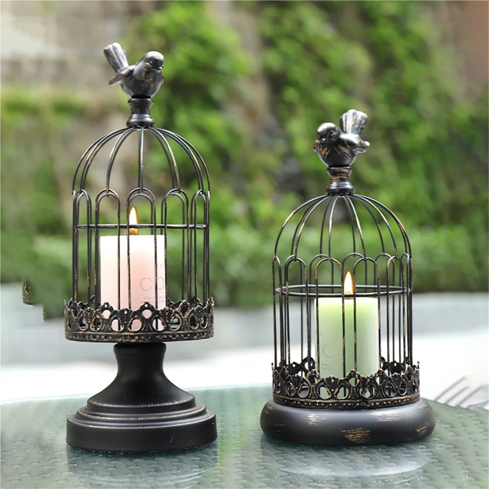Portavelas de metal con forma de jaula para pájaros, para mesa, boda, fiesta, oficina, sala de estar, decoración (negro, 14 x 31,5 cm)