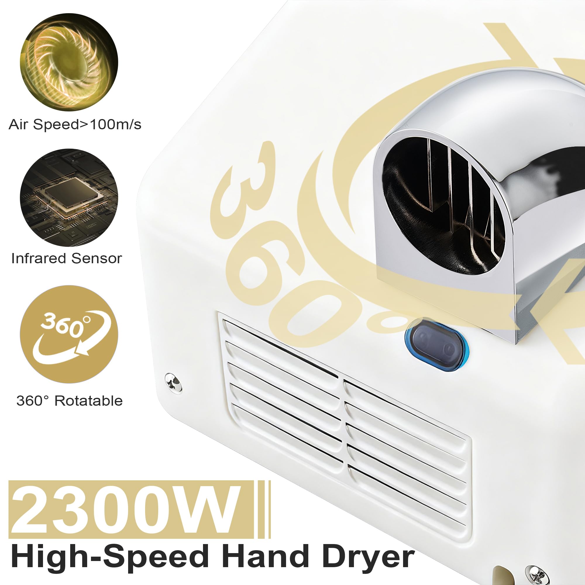 Secamanos Electrico 5-7 Segundos para Secar, Secador de Manos Automático para Baño, Comercial y Hogar, 2300W Blanco