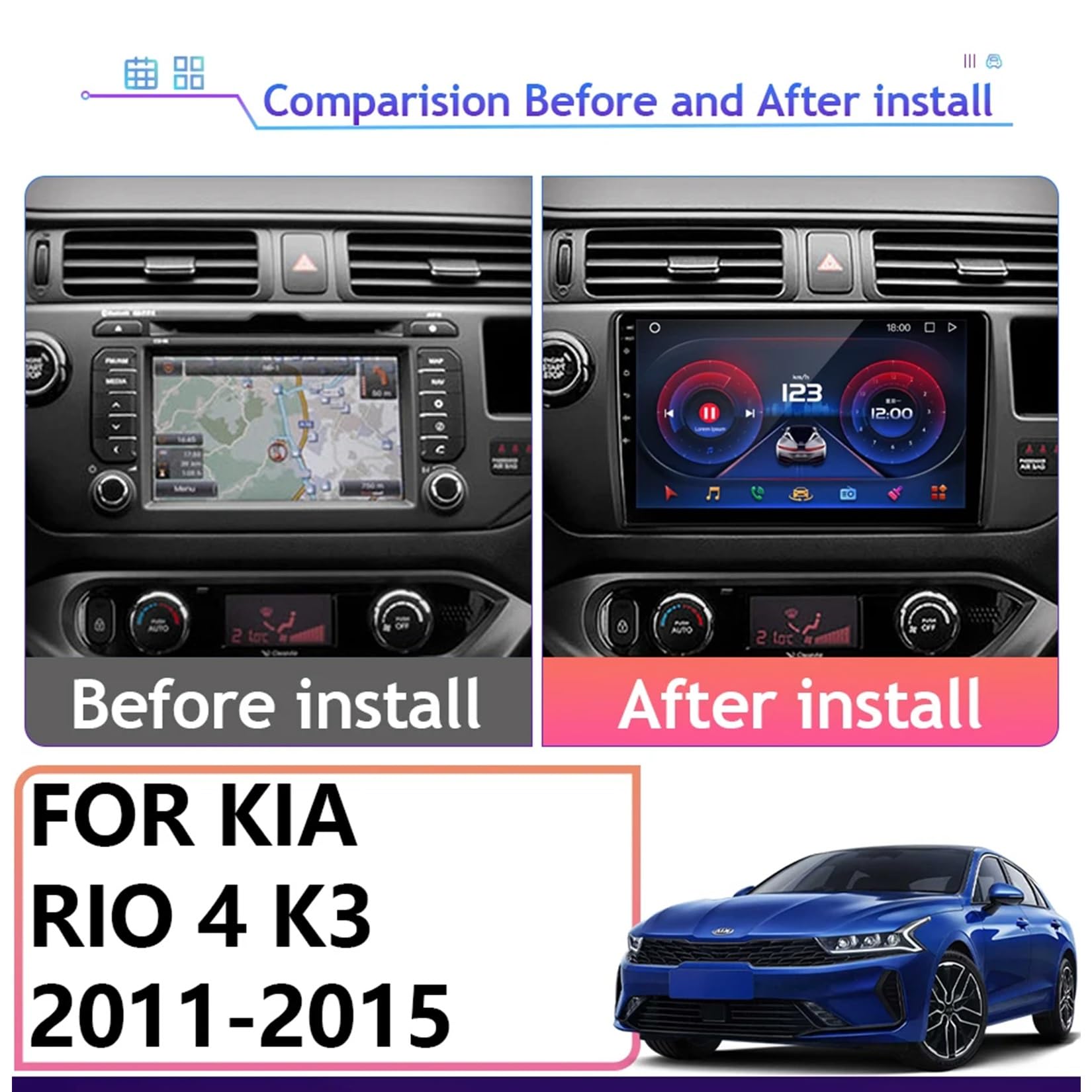 Android 12.0 2 Din radio samochodowe 9" ekran dotykowy samochodowe stereo do Kia Rio 4 K3 2011-2015 z bezprzewodowym Carplay Android nawigacja samochodowa GPS AHD odwrócony obraz sterowanie kierownicą