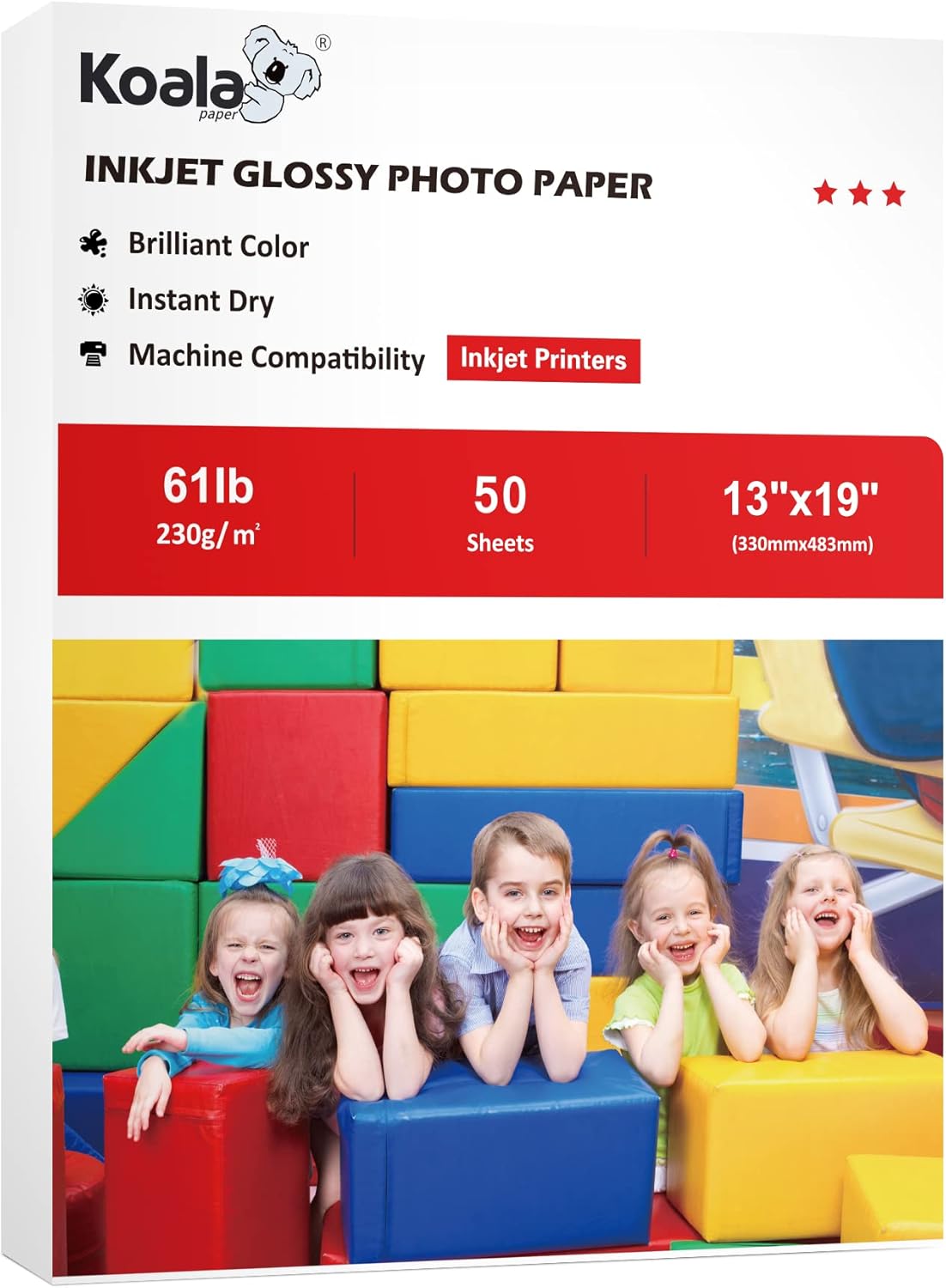 Koala Heavyweight Thick Glossy Photo Paper 13X19 Inches for Inkjet Printing Use Dye Ink 50 Sheets 61LB 13"X19"