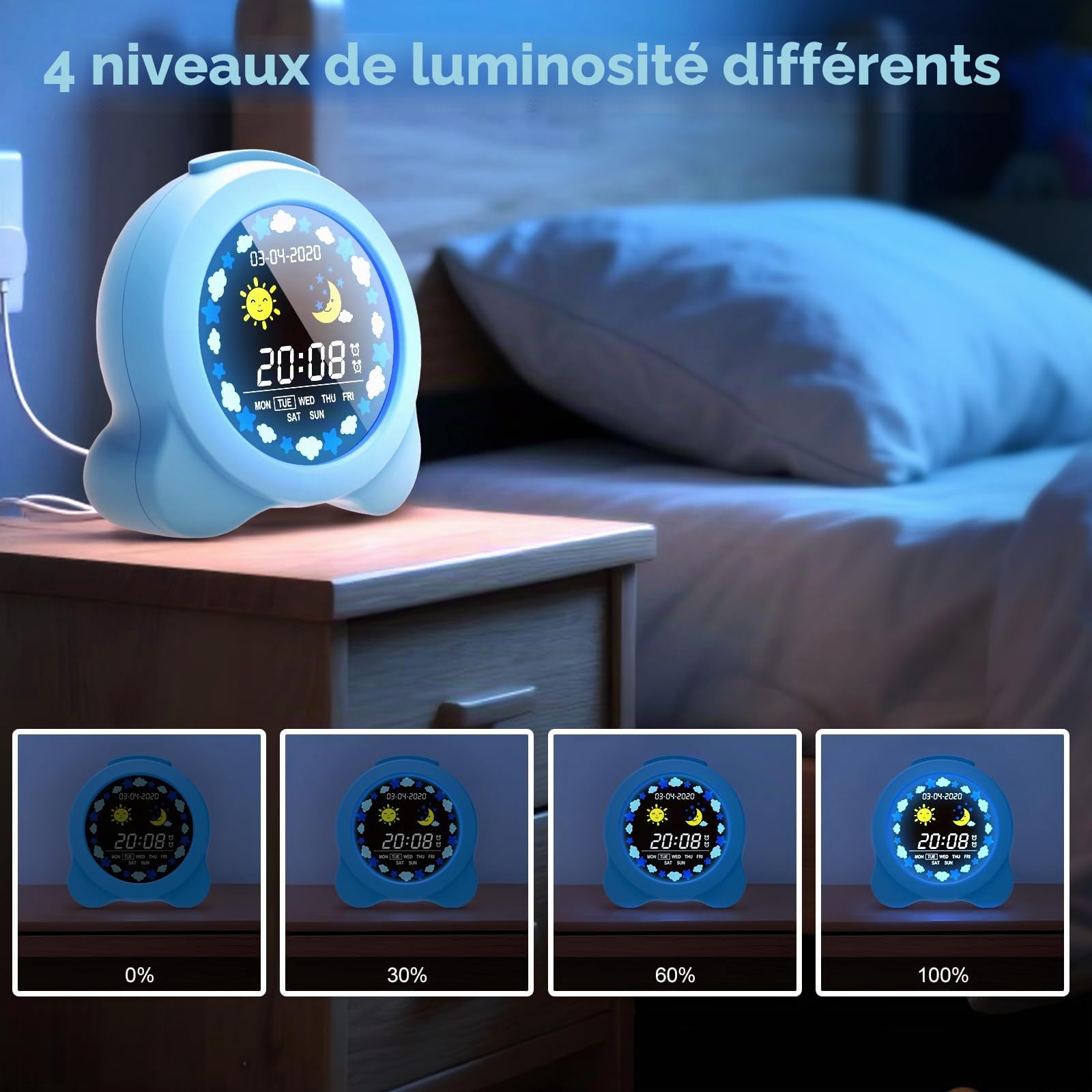 Réveil pour Enfants, Horloge Digitale avec Modes Jour/Nuit Écran LCD
