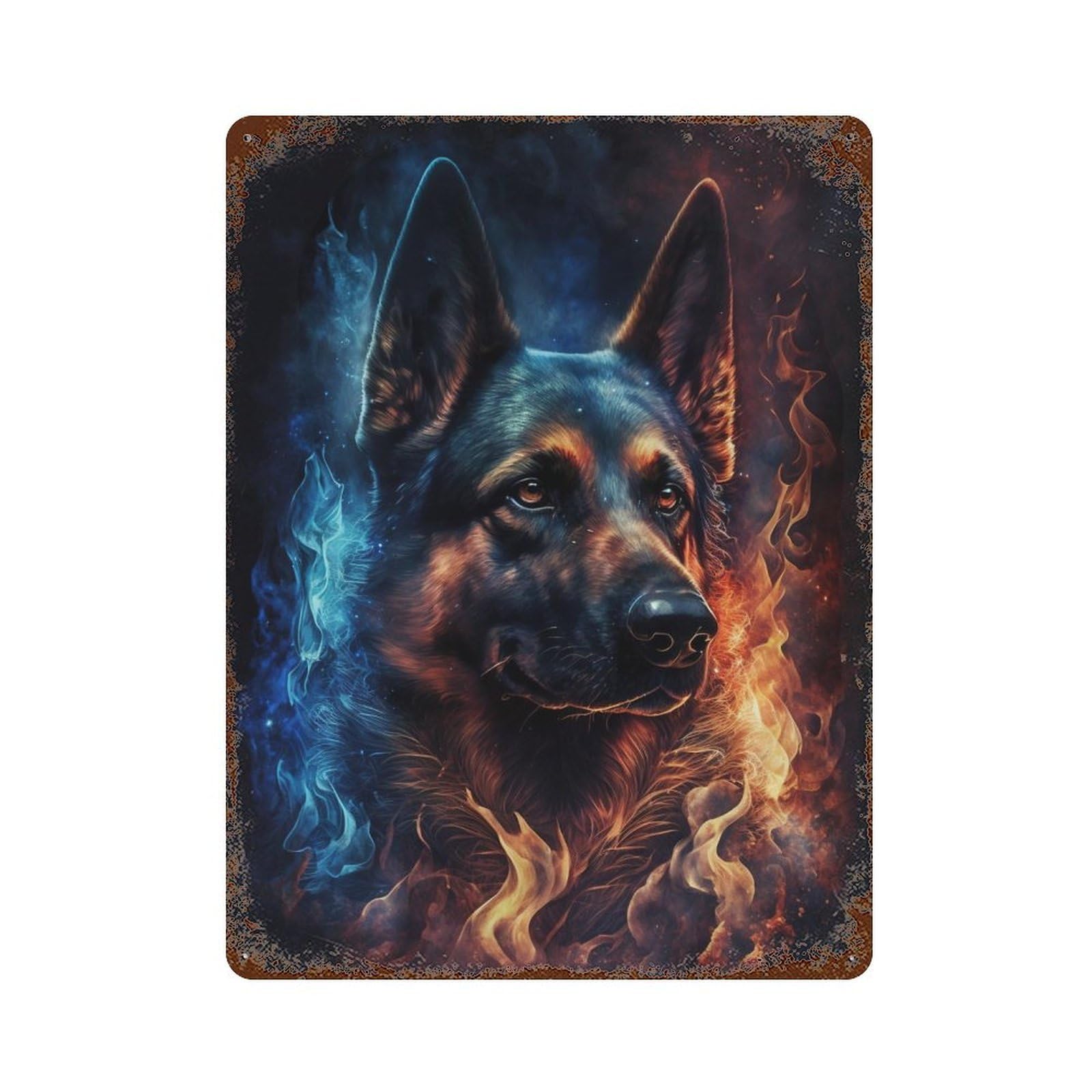 Rust Effect Flaming German Shepherd Art Print -1 Weathered Tin Sign 15.7"x11.8", Shabby Chic Decor for Patio, Garden Room And Bar Decor