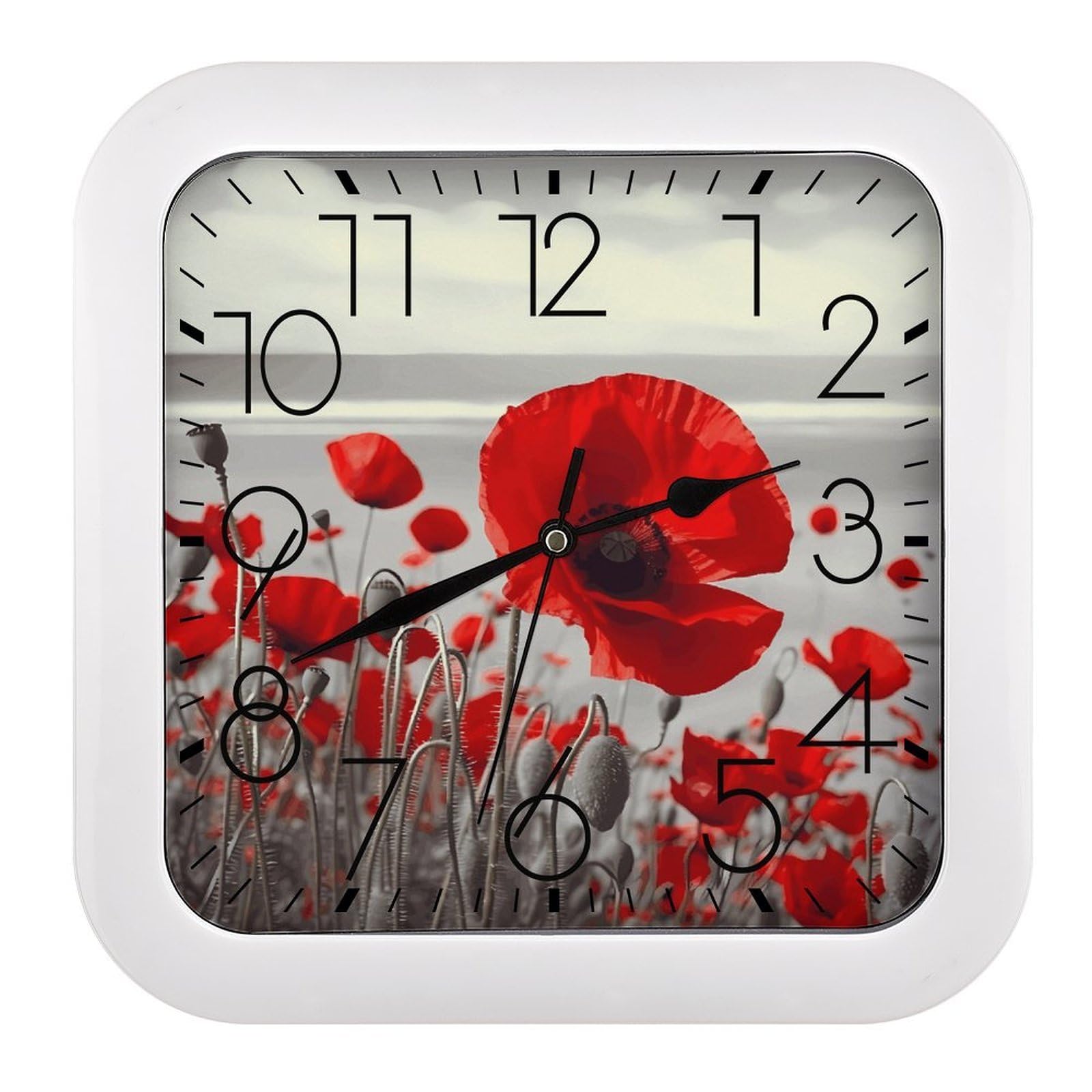 LZQPOEAS Red Poppy Flower Square Wall Clock, 10.2 Inch Battery Operated Silent Non-Ticking Wall Clock, Square Analog Decorative Clock for Home Wall Art, Living Room, Bedroom, and Office