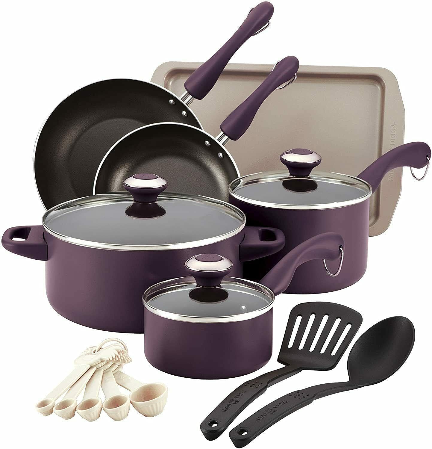 StateOJ Cookware Pots & Pans Set, 16 Piece, Purple Pots and