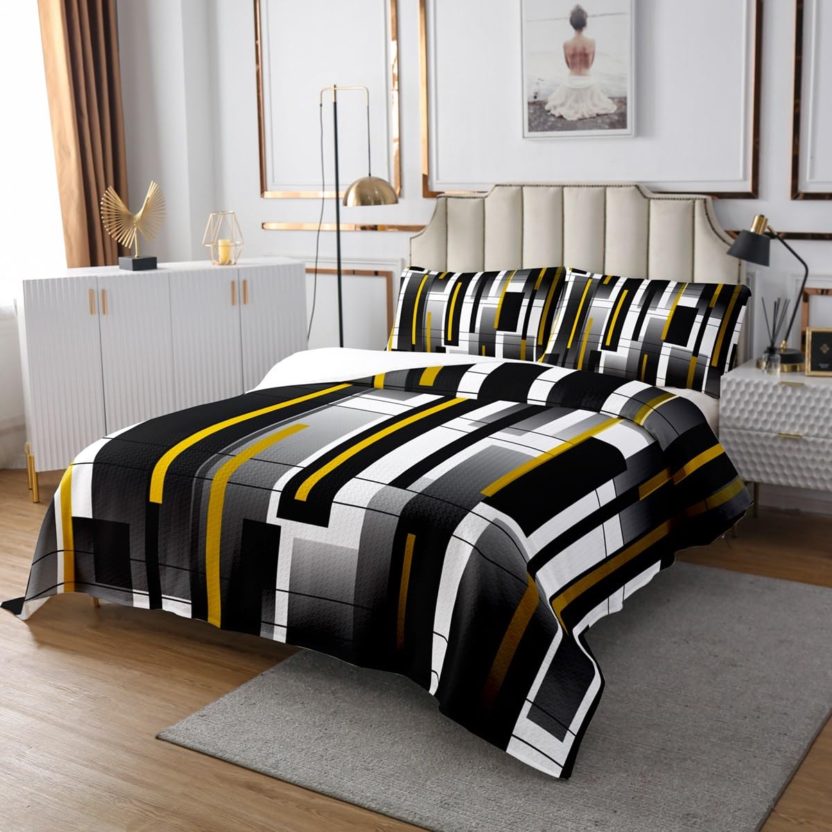 Abstract Geometry Bedding Set Twin Size Black Yellow White Bed Set for Girls Teens Bedroom Decor Kids Modern Simple Fitted Sheet Soft Microfiber Square Grid Bed Cover(1 Fitted Sheet+1 Pillow Case)