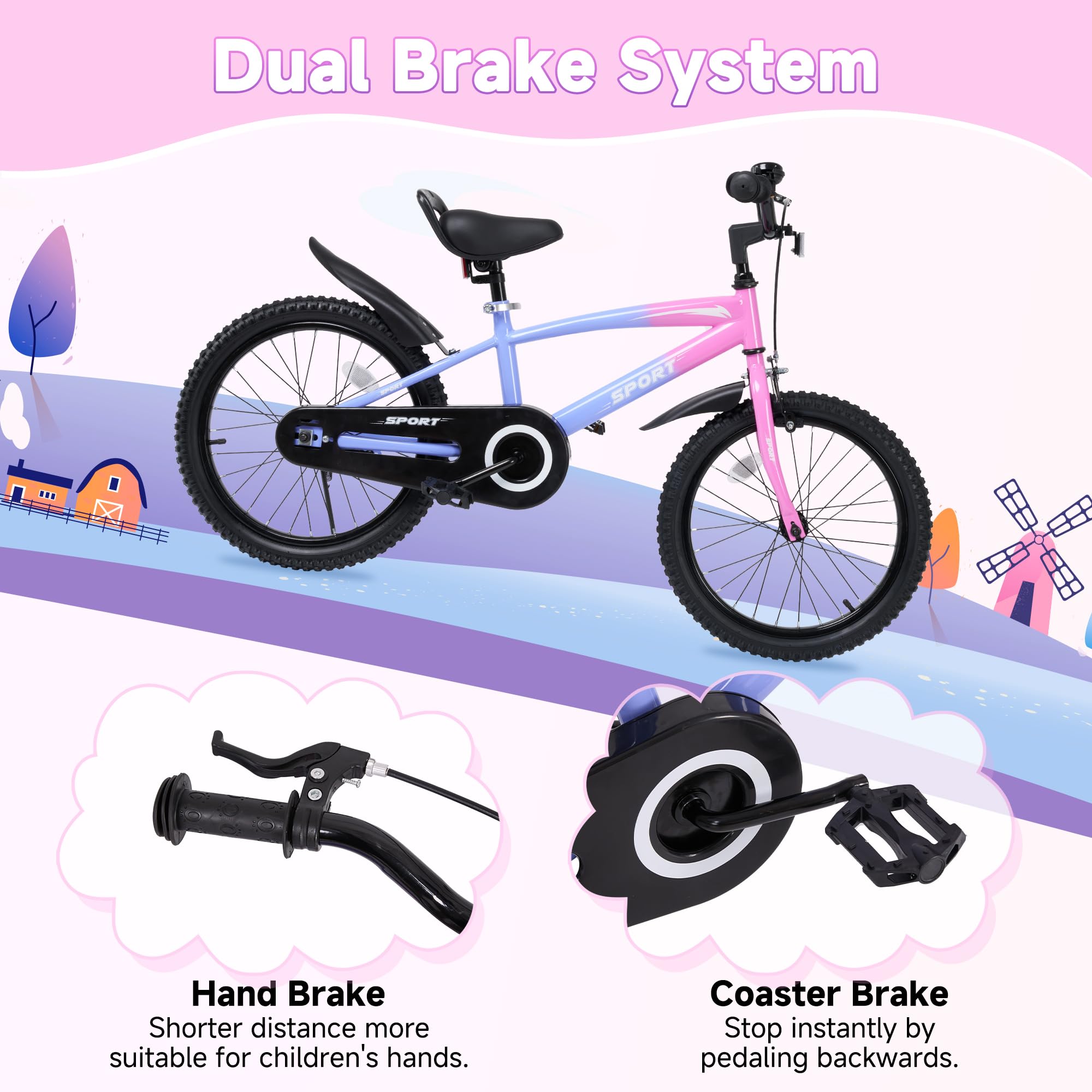 BODIOO Kids Bike for Boys Girls 16 Inches Kid Bicycle with Kickstand Training Wheels Sturdy Frame Adjustable Seat Handbrake and Coaster Brake Bell for Rider Height 41 to 46 Inch