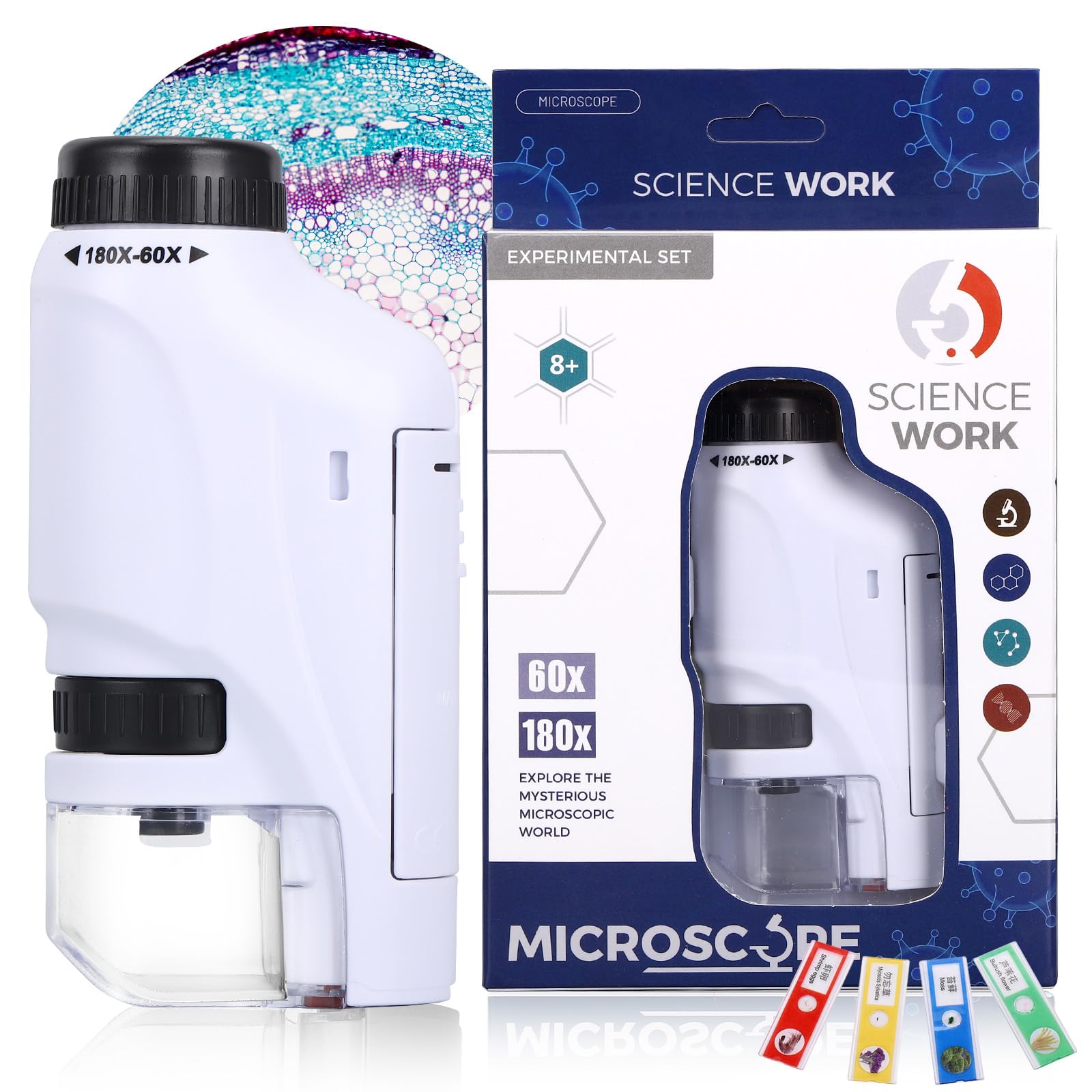Axlksia Mini Microscope for Kids and Adults, Handheld 60x-180x LED Lighted Pocket Microscope with 4 Slides for Student Science Lab Education (White)