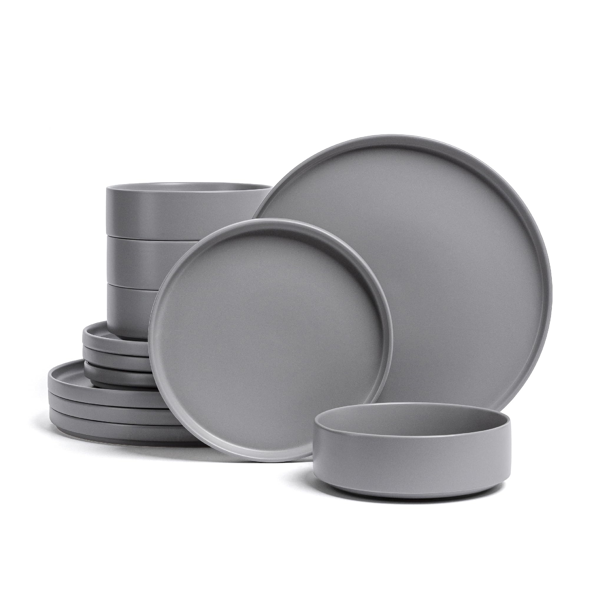 over&back 12-Piece Stackable Dinnerware Dish Set - Stoneware Dishes - Includes 4 Dinner Plates, 4 Salad Plates, 4 Cereal Bowls, and 4 Dinner Bowls - All-Occasion Place Settings - Semi-Matte Charcoal