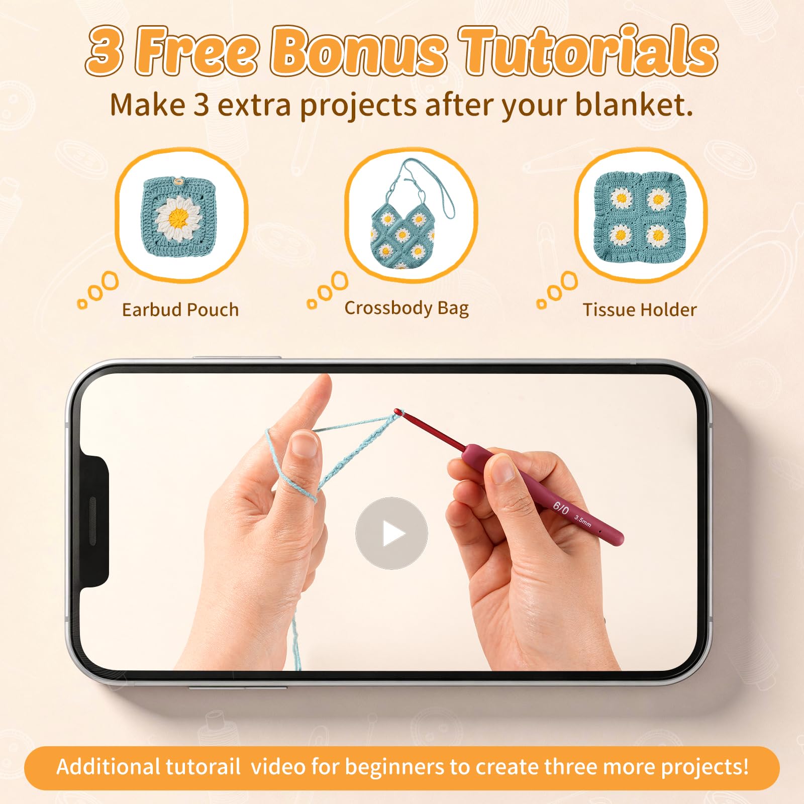 Fitsu Häkelset für Anfänger, Gänseblümchen Oma Quadratische Decke Häkeln Starter Kit mit Garn, Haken, Schritt-für-Schritt-Buch & Video-Tutorials, einfaches Erlernen des Häkelns Geschenkset für