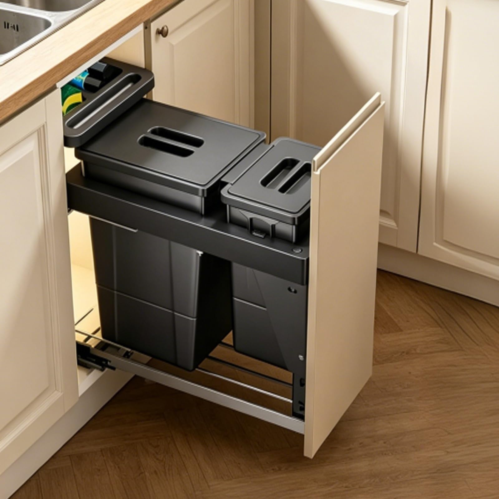 Cubo basura extraible bajo fregadero Depósito doble de gran capacidad de 18+6 litros material ABS riel de amortiguación cubo basura para casas restaurantes