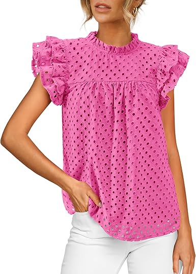 BTFBM Casual Summer Tops for Women 2025 Short Ruffle Sleeves Shirts Crew Neck Hollow Out Lace Embroidered Blouses
