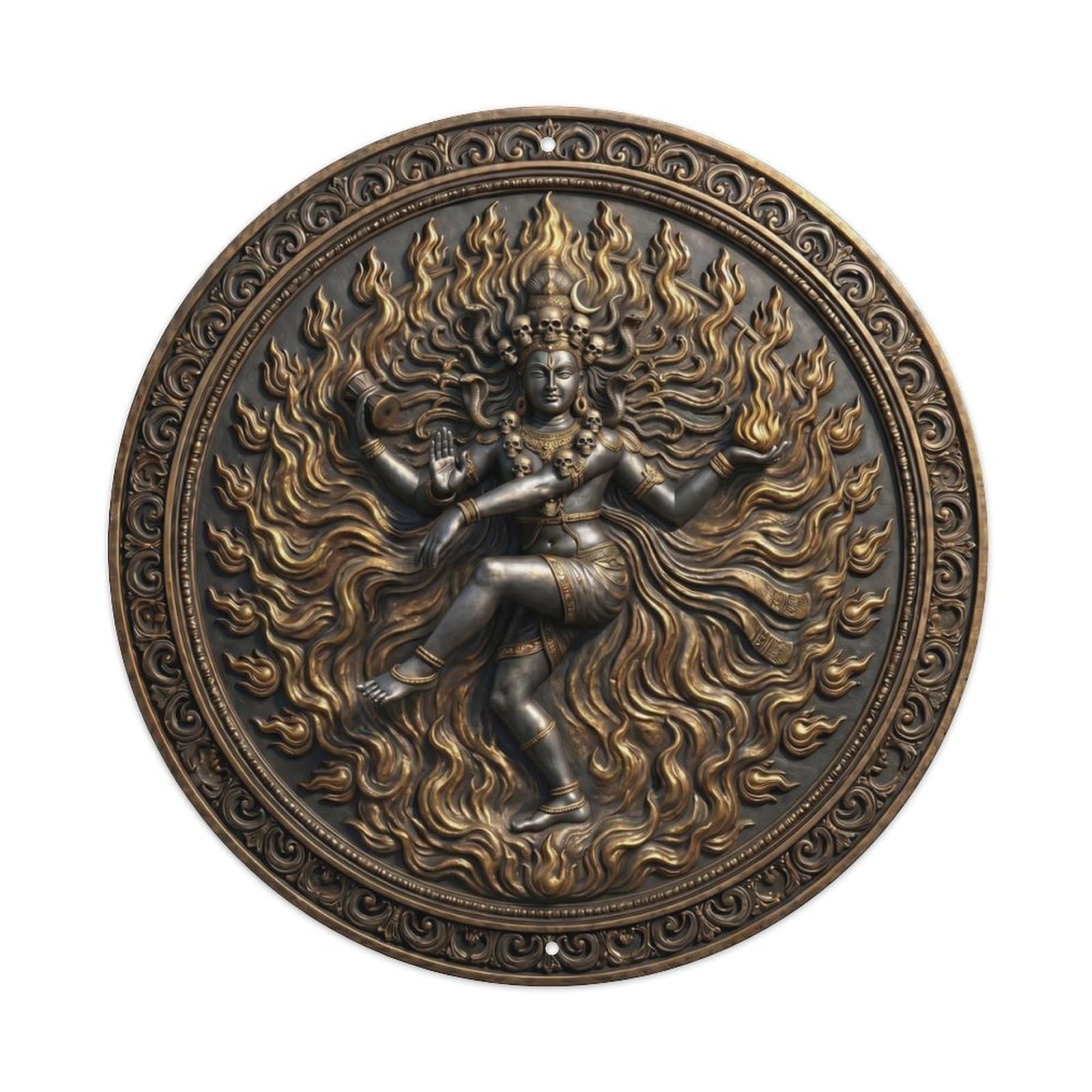 Fqcyn Style Hindu Deity Shiva Flames Background Destruction Rebirth Relief Sculpture Metal Tin Sign Plaque Wall Decor For Cafe, Club Bar, Office, Home Garden Round Metal Poster 8X8inch