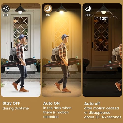 Miniatura 4 de Minpory Paquete de 3 bombillas con sensor de movimiento, 13 W (equivalente a 100 W) 1100 lm activadas por movimiento, bombilla LED de seguridad del