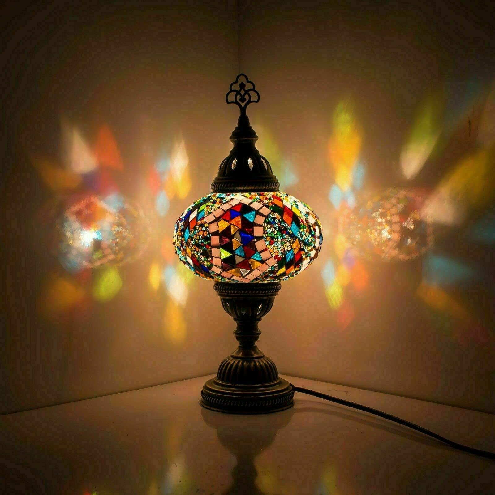 ENVA Turkish Moroccan Tiffany Style Handmade Mosaic Table Desk Bedside Night Lamp Light Lampshade with LED Bulb Large Globe