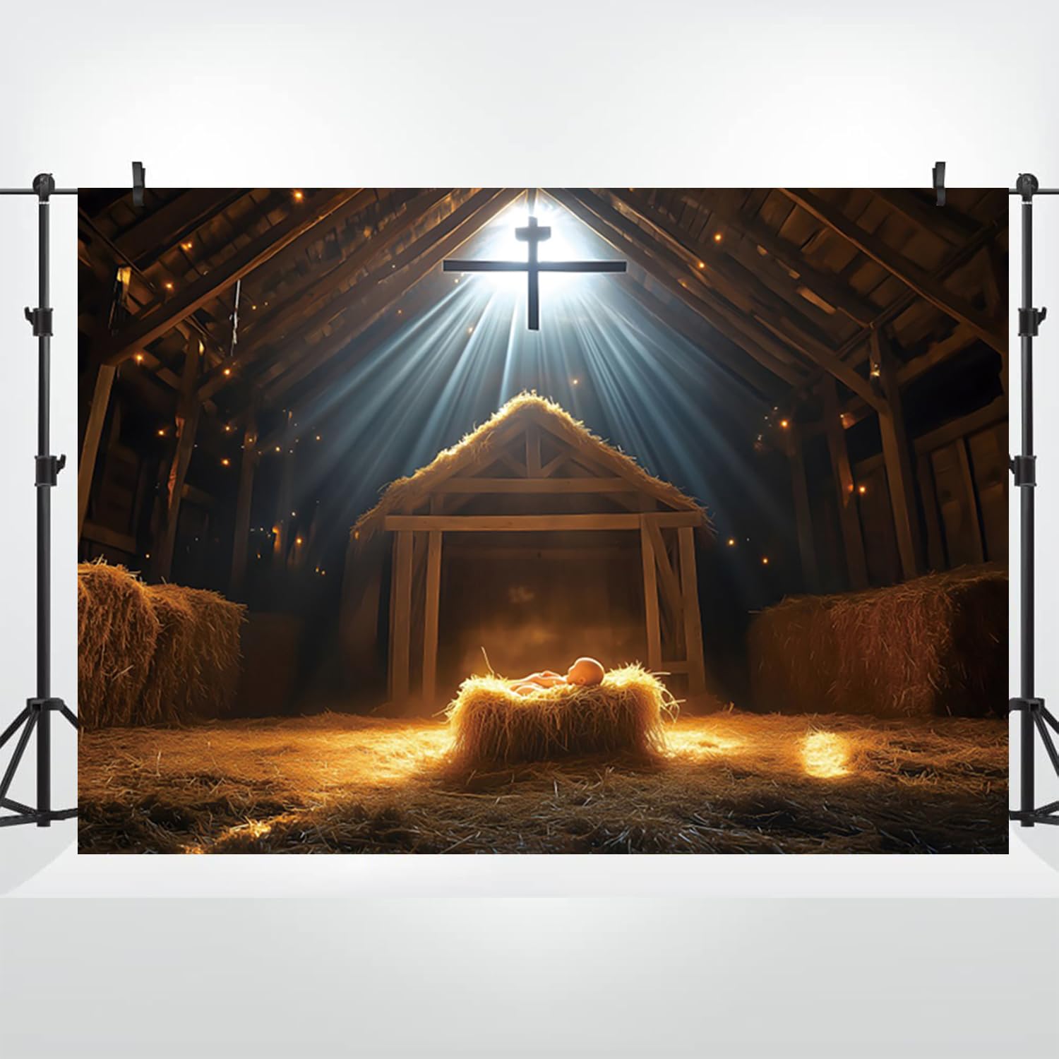 3 x 2,5 m Nativity Stable Backdrop Birth of Jesus Manger Photography Background Hay Bales Christian Cross Sunbeam Lights Rustic Wooden Holy Christmas Religion Theme Photo Studio Props