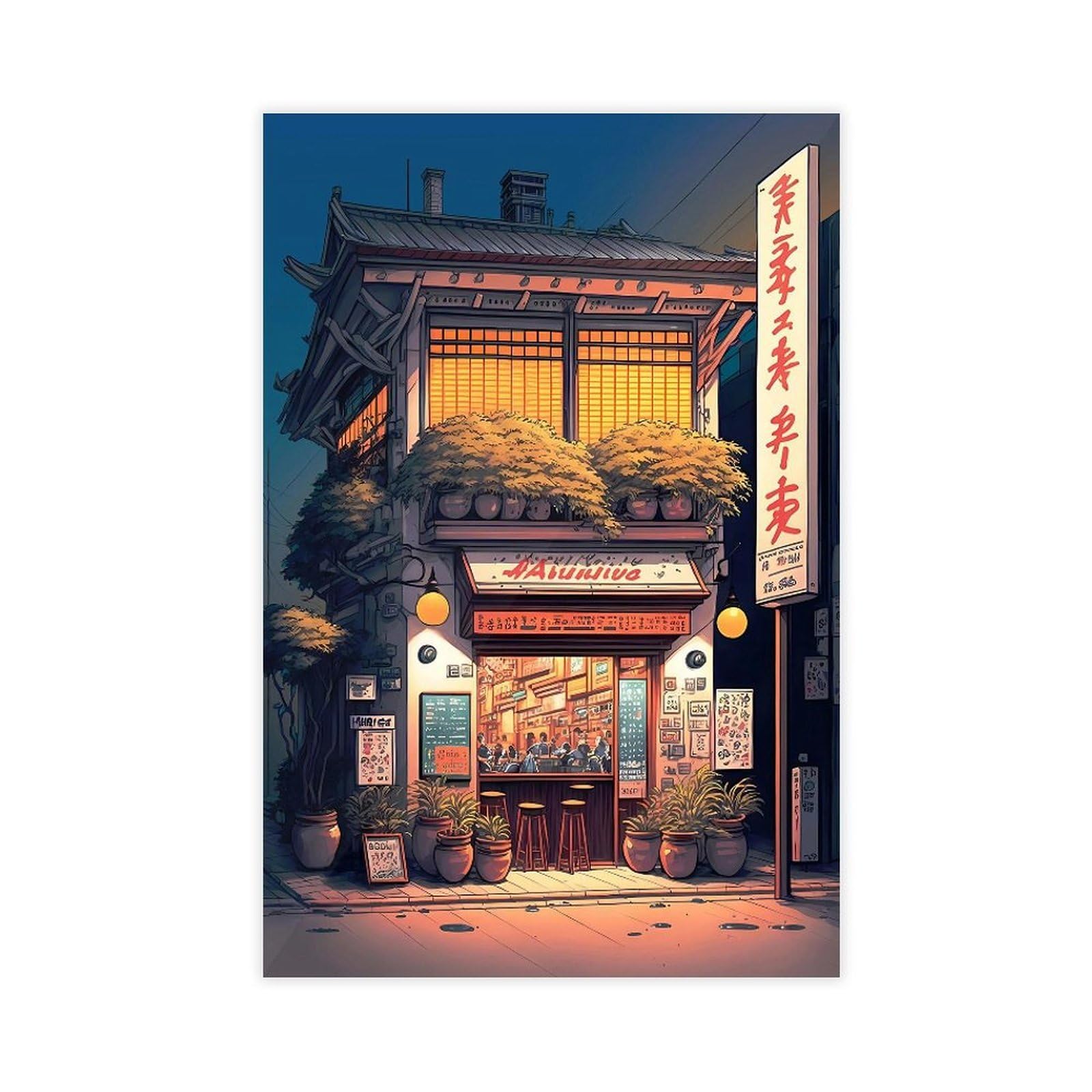 Bareronor Evening at The Ramen Shop Canvas Poster Bedroom Decor Landscape Office Room Decor Gift 24" L X 36" W