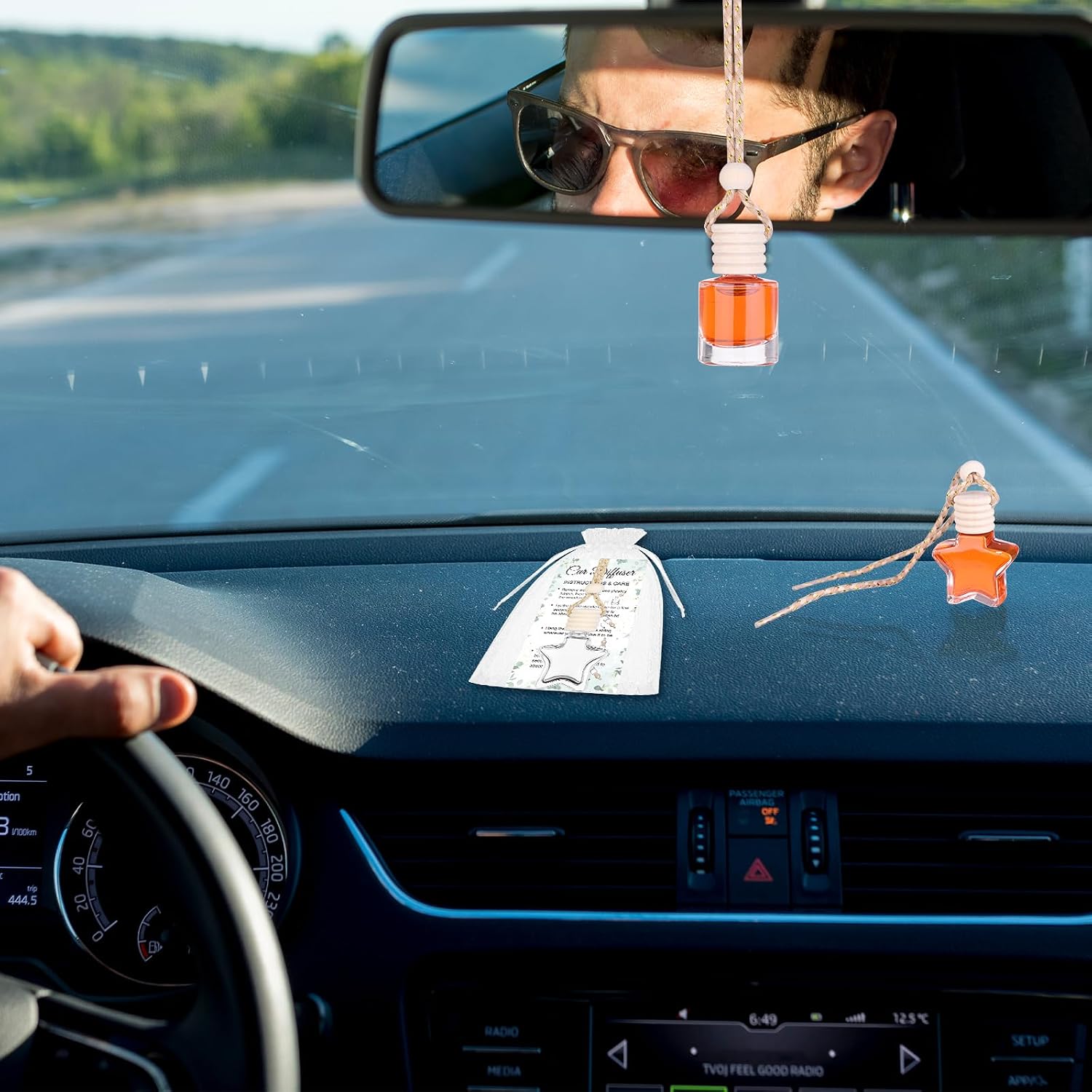 48 Sets Hanging Car Air Freshener Diffuser Bottles Bulk with Car Diffuser Instructions Car Card Empty Glass Essential Oil Diffuser Bottles Fragrance Perfume Pendant Bottle for Staff Employee