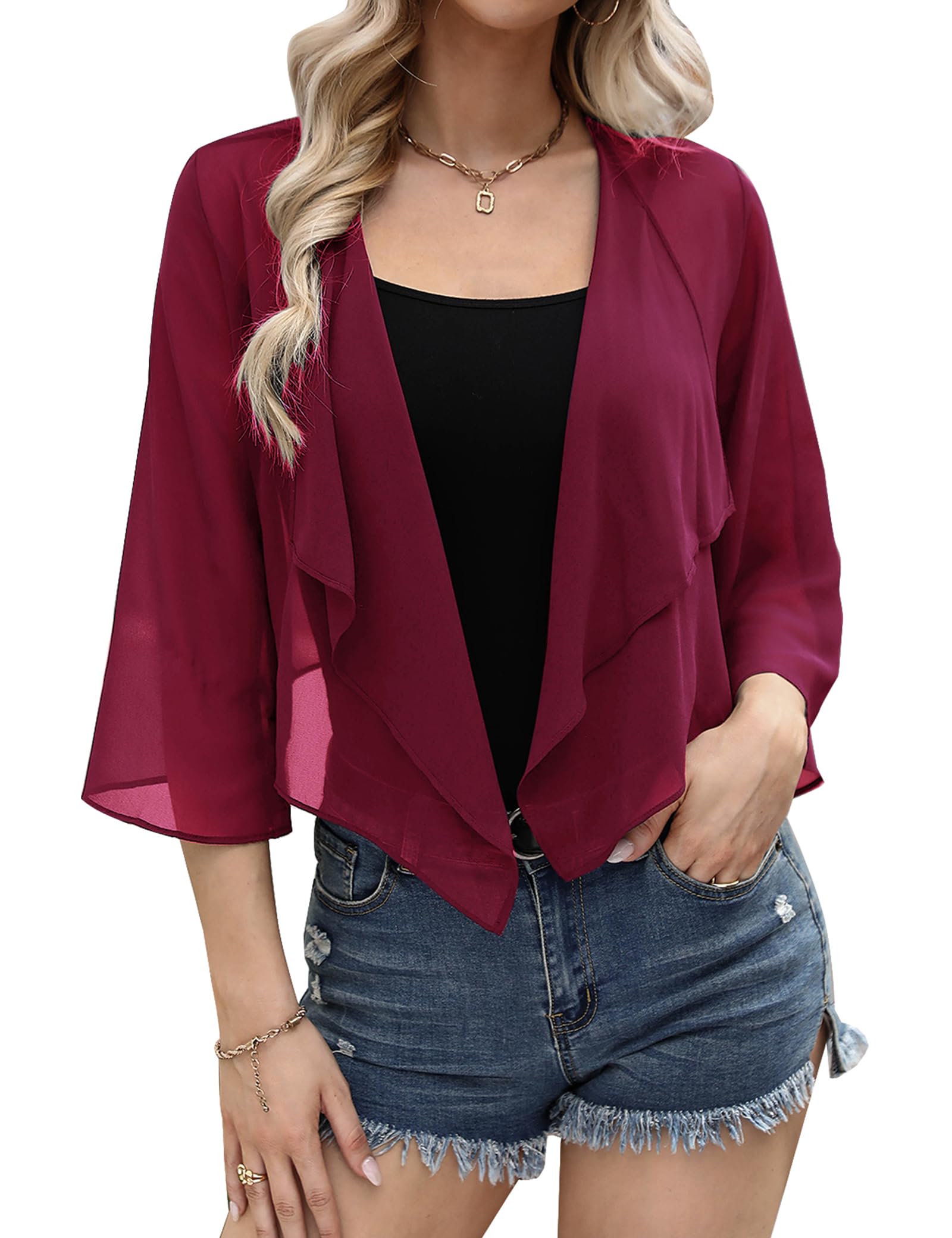 Aottori Bolero Damen Chiffon mit 3/4 Ärmel Elegant Sommer | Bolerojacke, Transparent, Cardigan Kurz, Schulterjacke, Shrug, Bettjäckchen, Festlich, Hochzeit, Alltag Freizeit