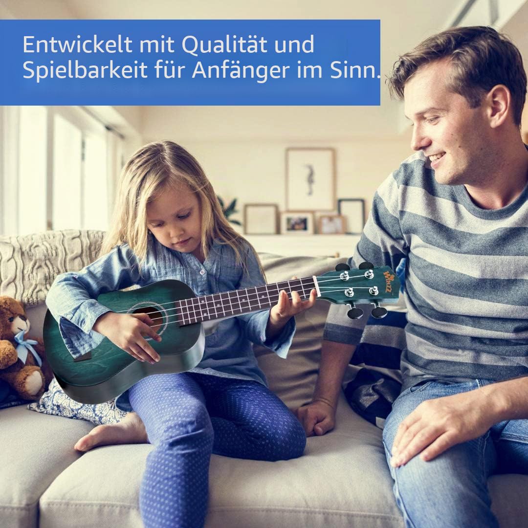 Winzz 21" Sopran Ukulele Anfänger Set Kinderm Erwachsene, Einzigartiges Farbdesign, mit Tasche, Stimmgerät, Zusätzlichen Saiten, Gurt, Noten-Aufkleber, Poliertuch-Dunkles Cyan