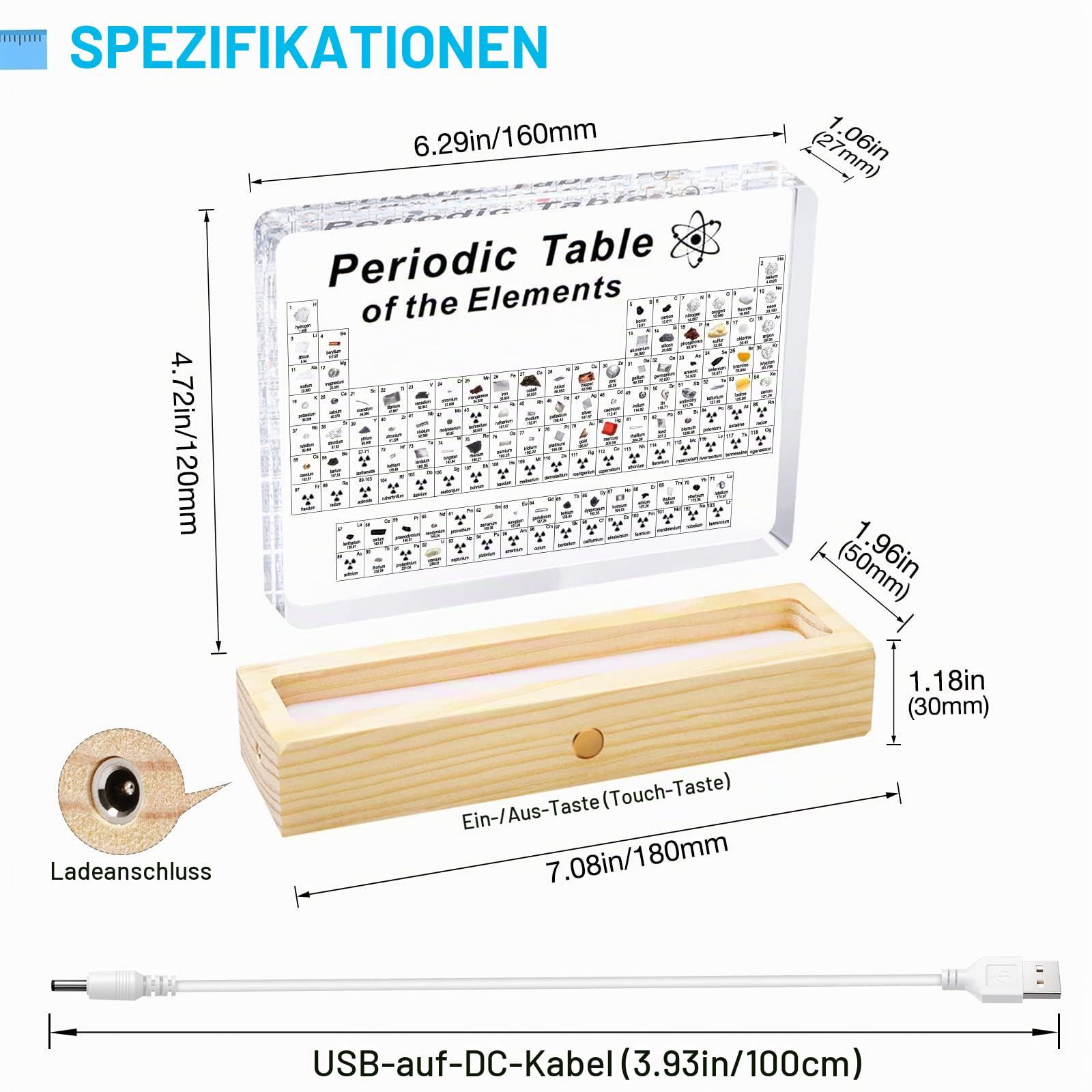 Jeebel Periodensystem der Echten Elementen, Periodensystem aus Acryl der LED Tischlampe mit 83 echten Elementproben, Periodic Table zum Lehrwerkzeug Basteln kreativ Geschenk für Schüler Lehrer Kinder