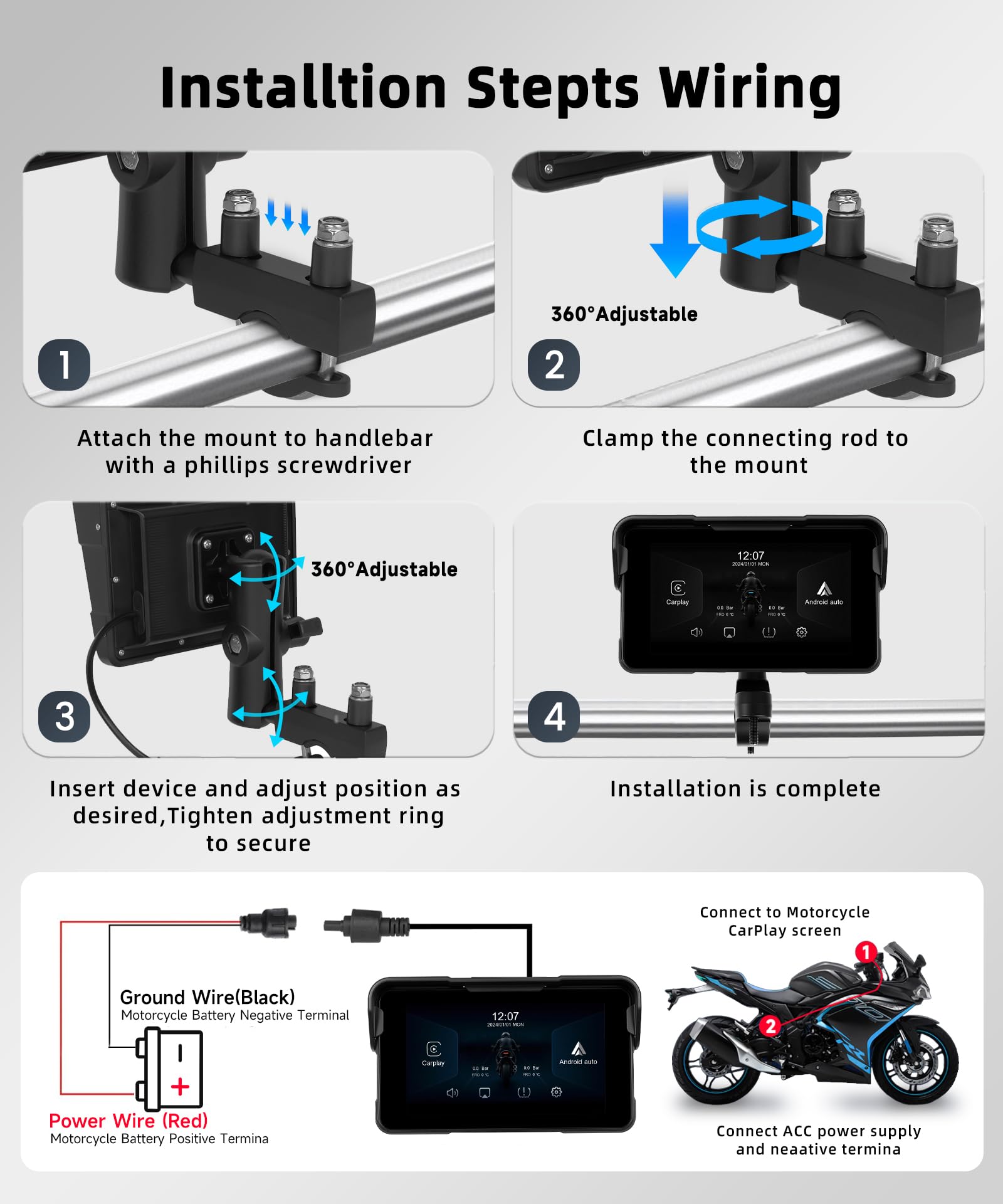 VECHTEL Kabelloser CarPlay Bildschirm 5 Zoll für Motorrad-Tragbares CarPlay & Android Auto,Wasserdichter Touchscreen mit Dual-Bluetooth,NAV/Siri Assistant/12V,Unterstützt Reifendruckkontrolle